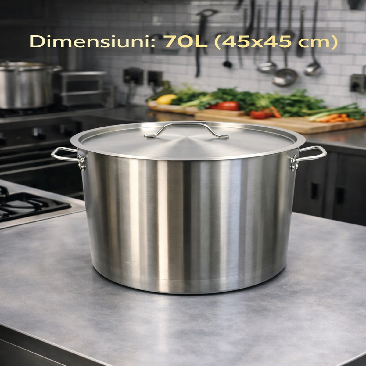 Oala Inox Profesionala 70L cu Capac, 45x45 cm, Inox Alimentar, Pentru Gatit Volum Mare