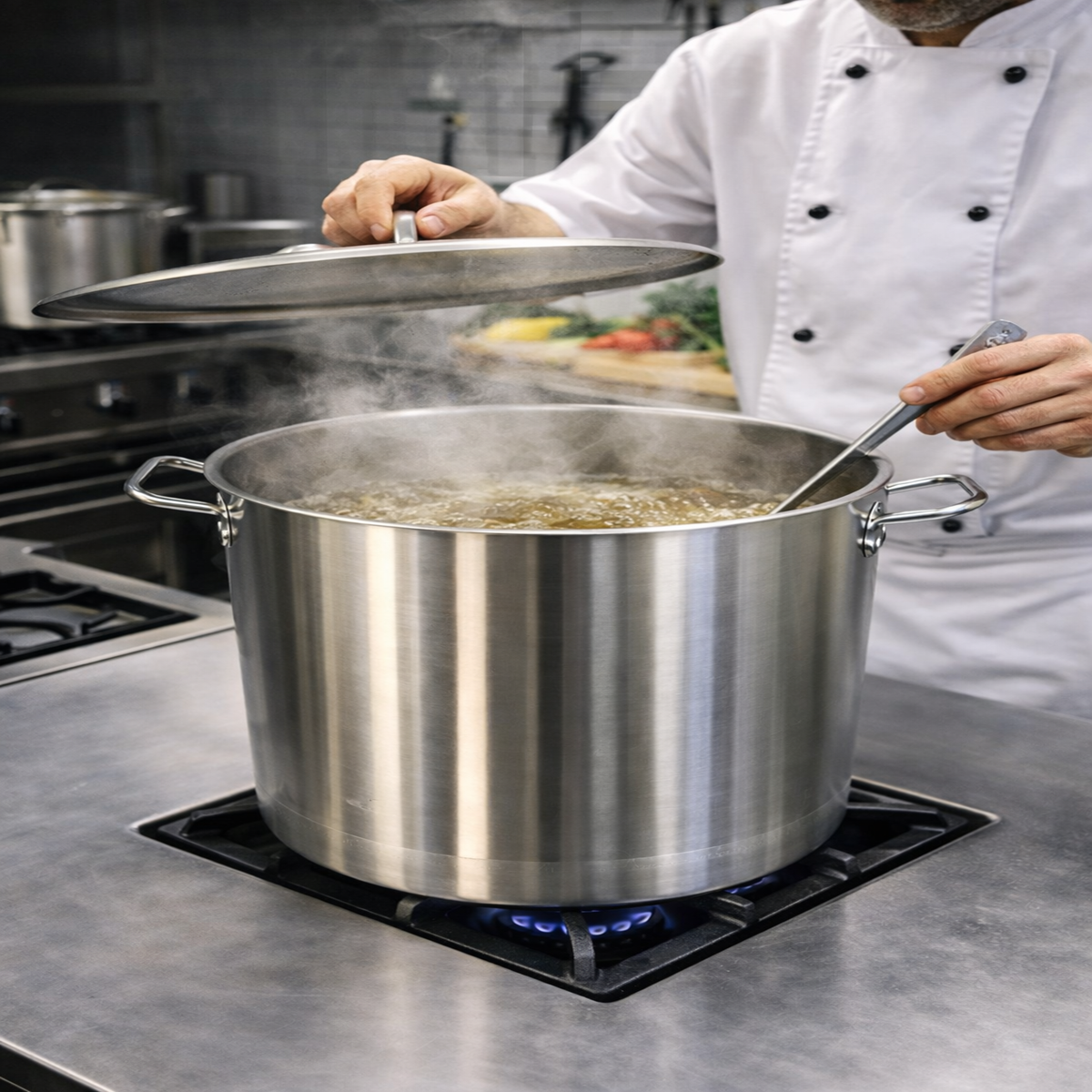 Oala Inox Profesionala 70L cu Capac, 45x45 cm, Inox Alimentar, Pentru Gatit Volum Mare