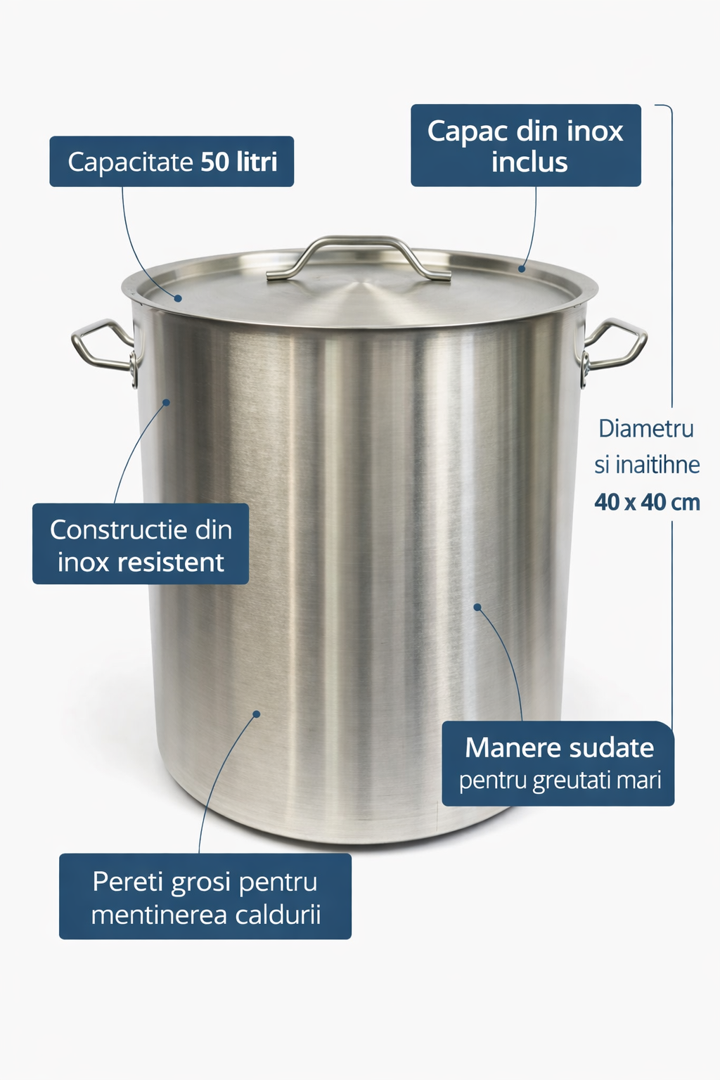 Oala Profesionala Inox 50L, 40 x 40 cm, Capac Inox, Pentru Gatit Intensiv