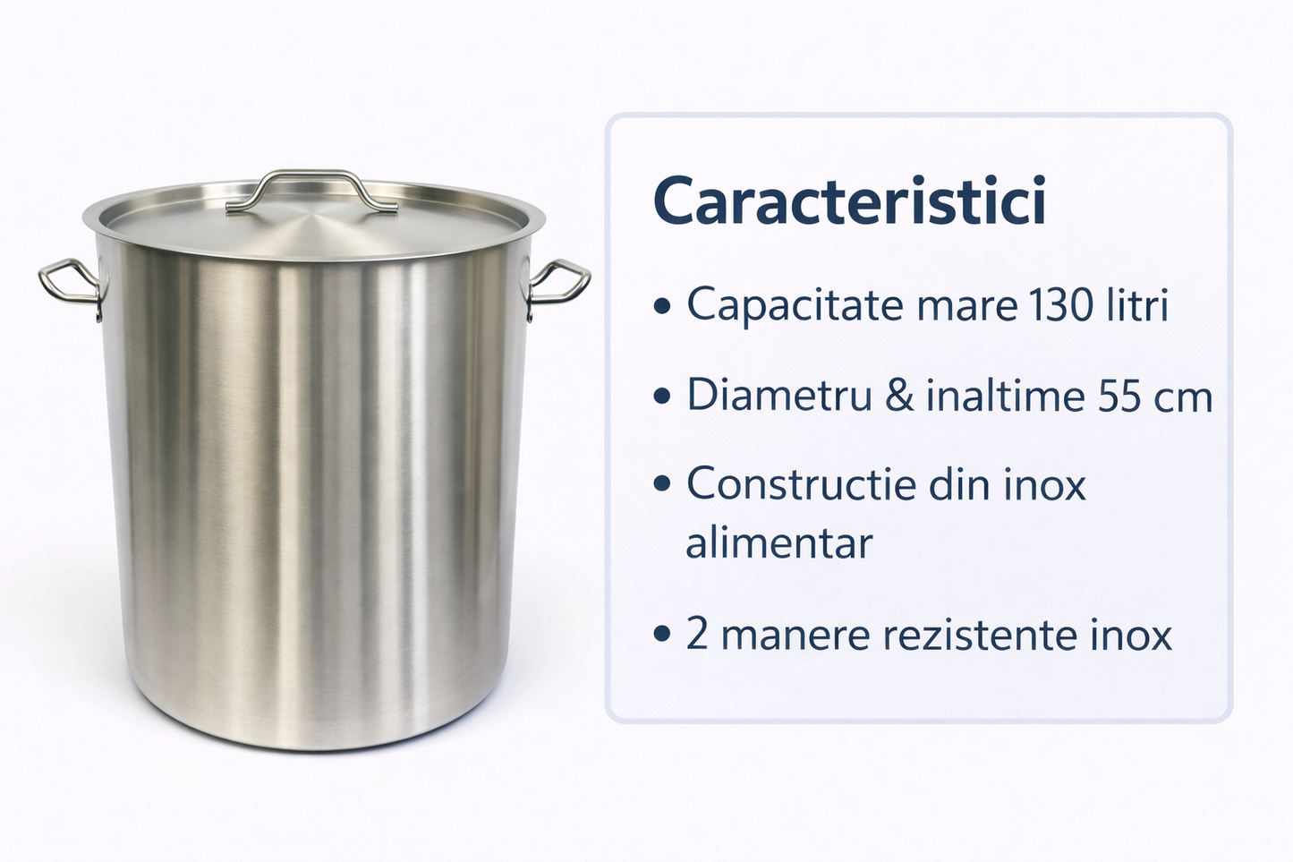 Oala Profesionala Inox 130L, 55 x 55 cm, Capac Inox, Pentru Gatit Intensiv