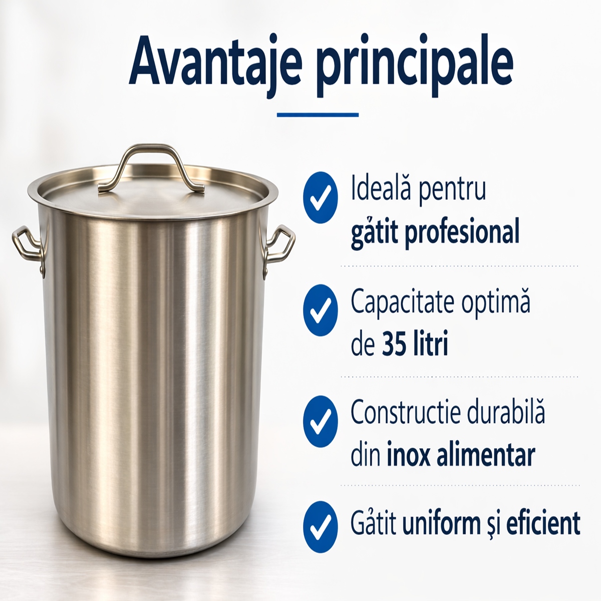 Oala Inox Profesionala 35L cu Capac, 35x35 cm, Inox Alimentar, Pentru Gatit Intensiv