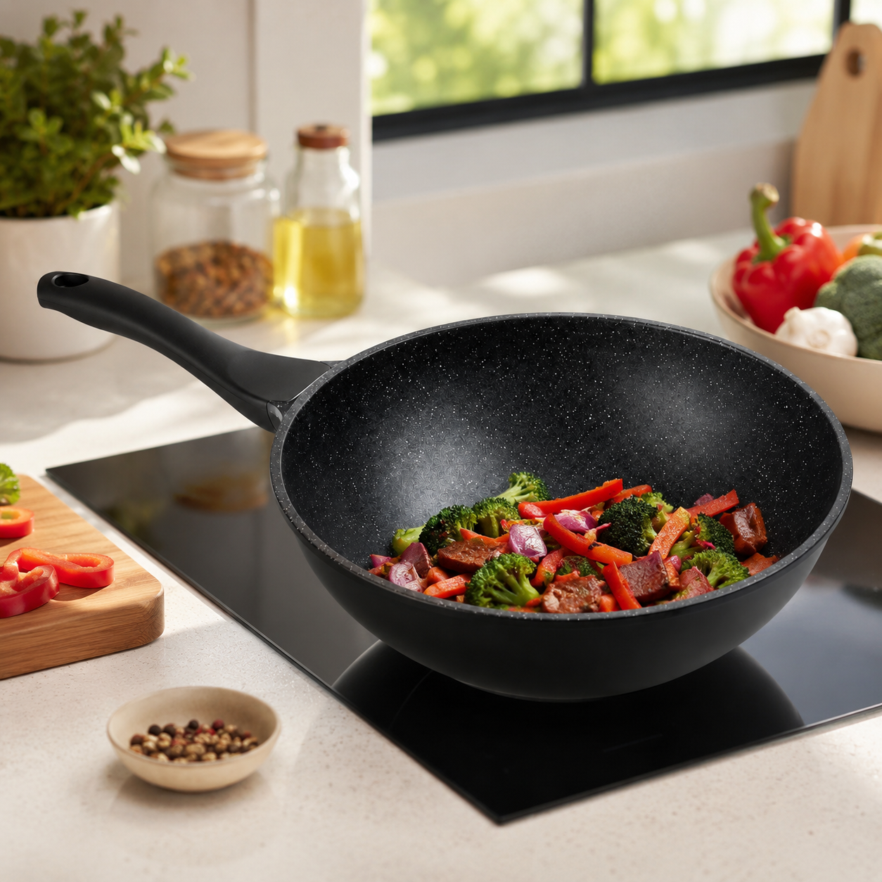 Tigaie Wok 32 cm, antiaderenta, compatibila inductie, gatire rapida