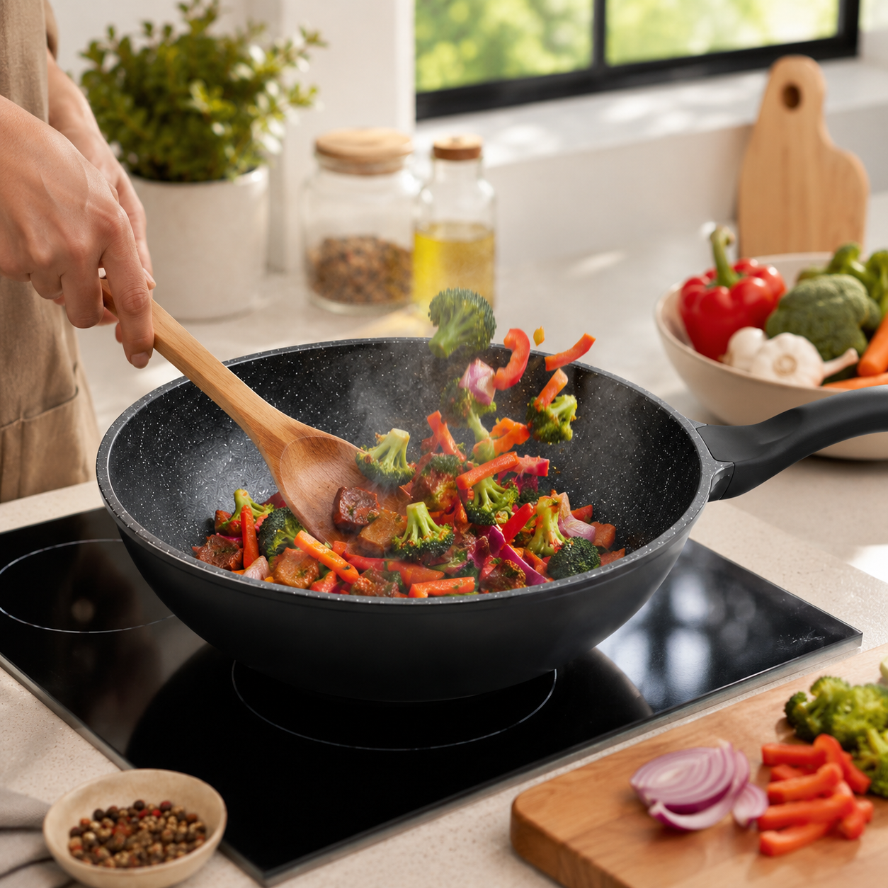 Tigaie Wok 32 cm, antiaderenta, compatibila inductie, gatire rapida