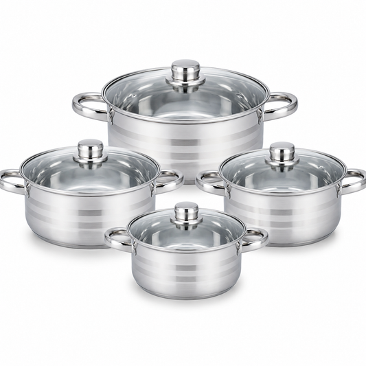 Set 4 cratite inox cu capace Royalty Line  4.5L, 5.8L, 7.3L, 9.1L