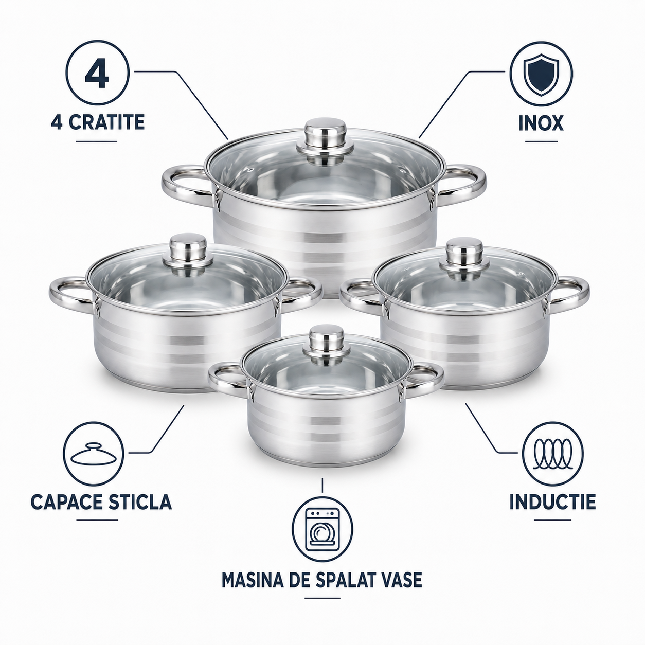 Set 4 cratite inox cu capace Royalty Line  4.5L, 5.8L, 7.3L, 9.1L
