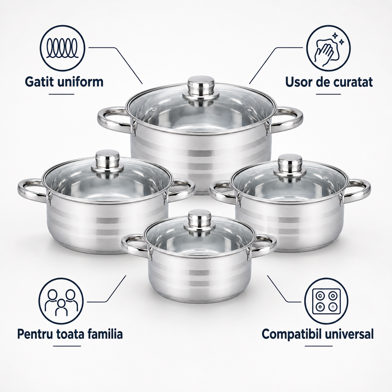 Set 4 cratite inox cu capace Royalty Line  4.5L, 5.8L, 7.3L, 9.1L