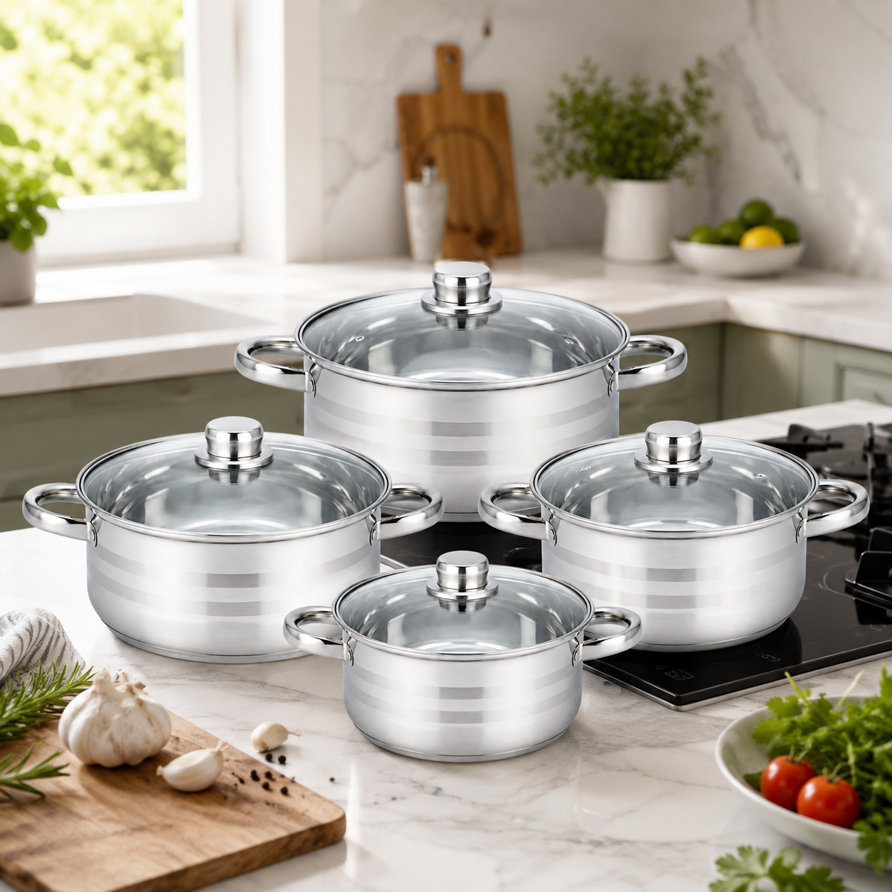 Set 4 cratite inox cu capace Royalty Line  4.5L, 5.8L, 7.3L, 9.1L