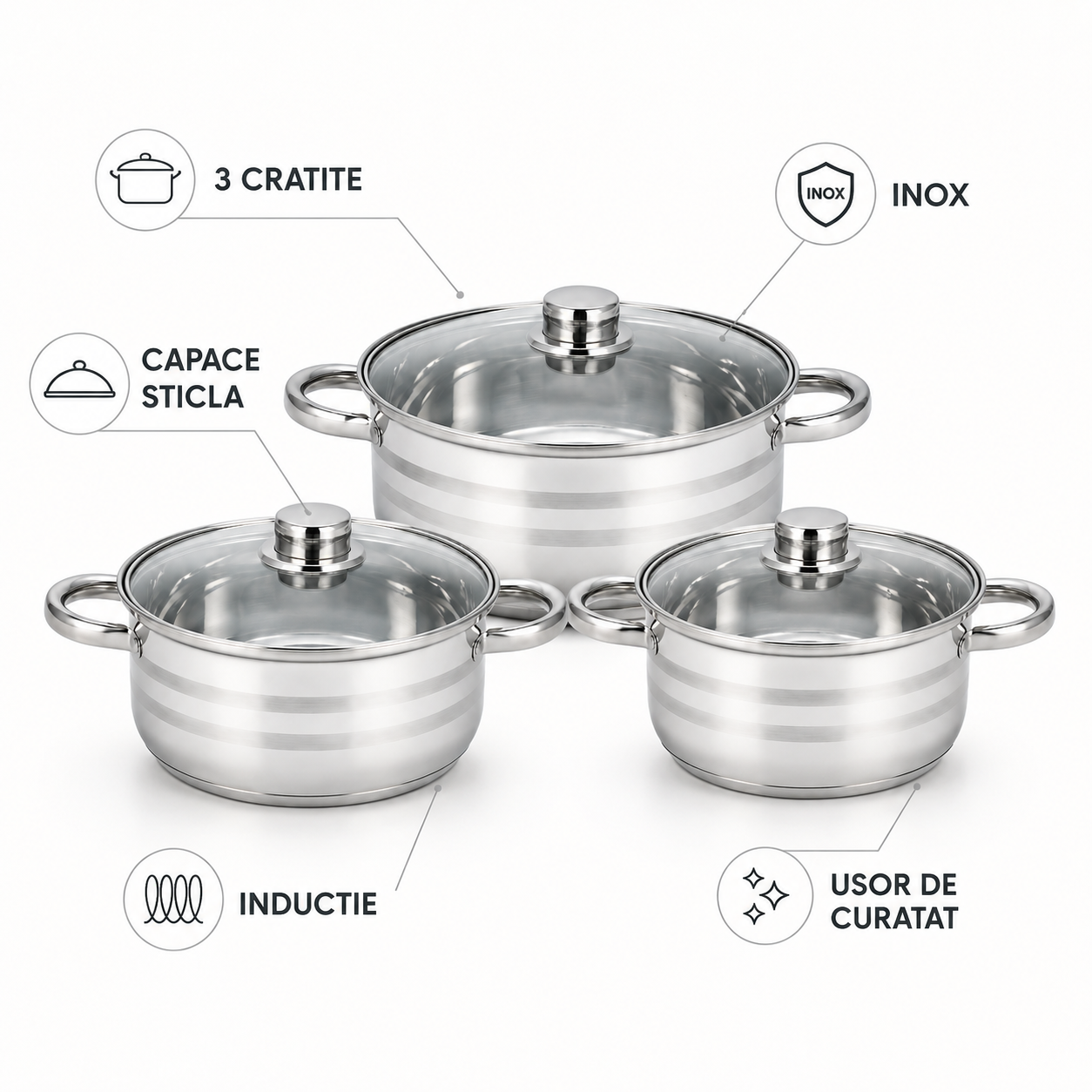 Set 3 cratite inox cu capace, 5.8L, 7.3L, 9.1L  Royalty Line