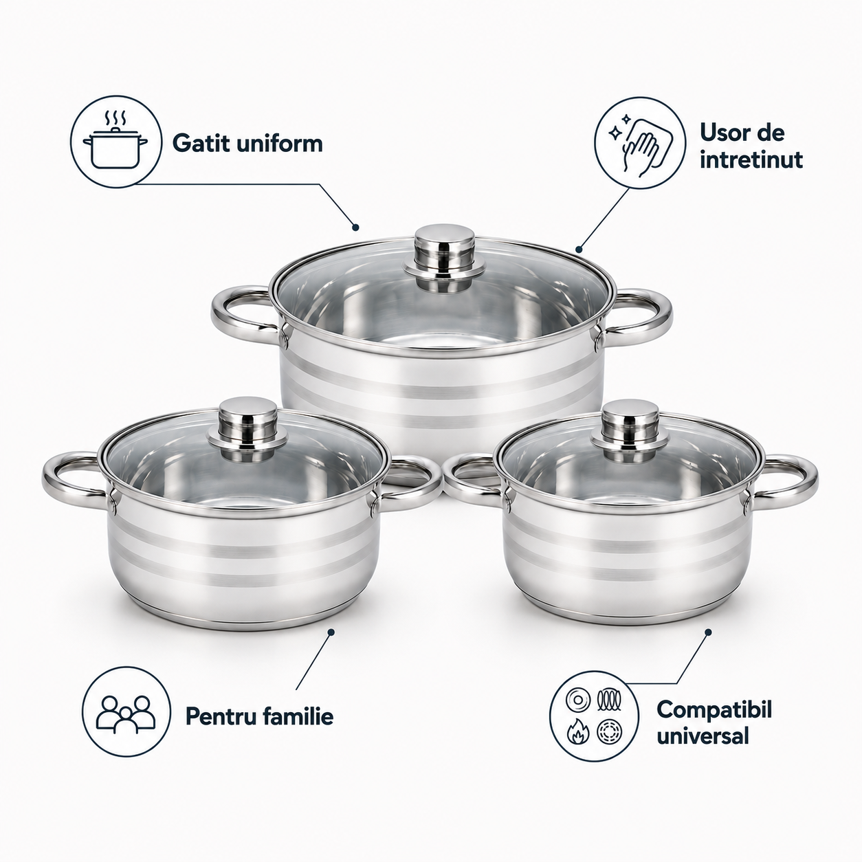 Set 3 cratite inox cu capace, 5.8L, 7.3L, 9.1L  Royalty Line