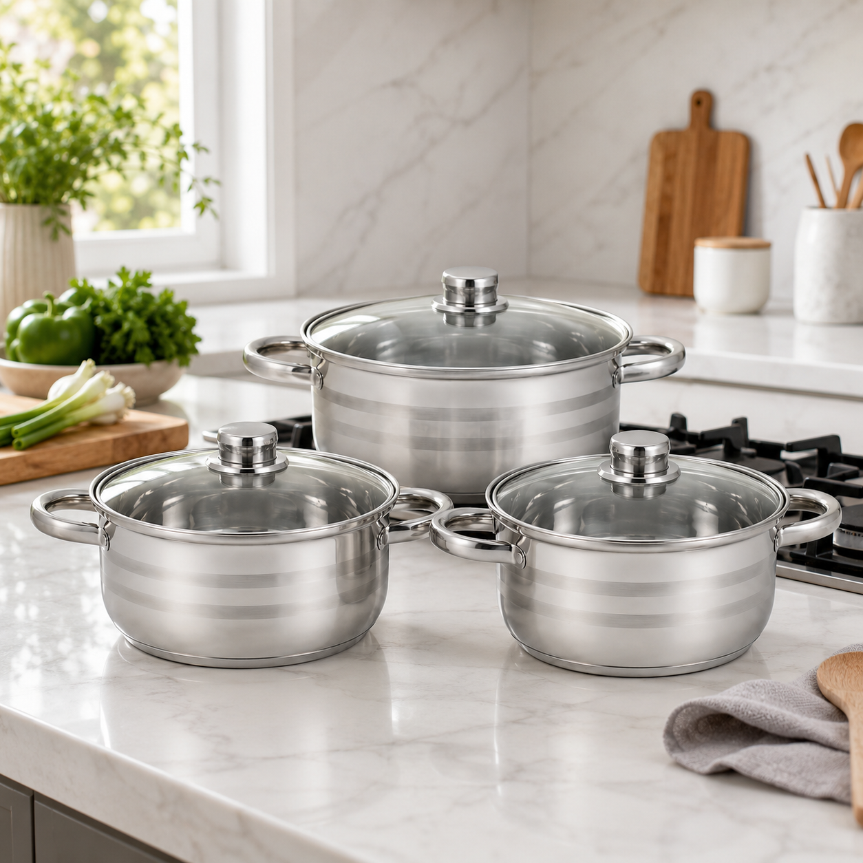 Set 3 cratite inox cu capace, 5.8L, 7.3L, 9.1L  Royalty Line