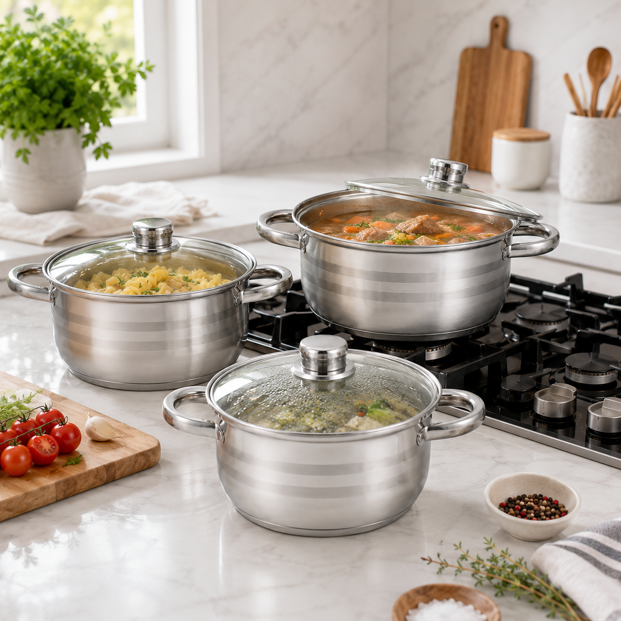 Set 3 cratite inox cu capace, 5.8L, 7.3L, 9.1L  Royalty Line