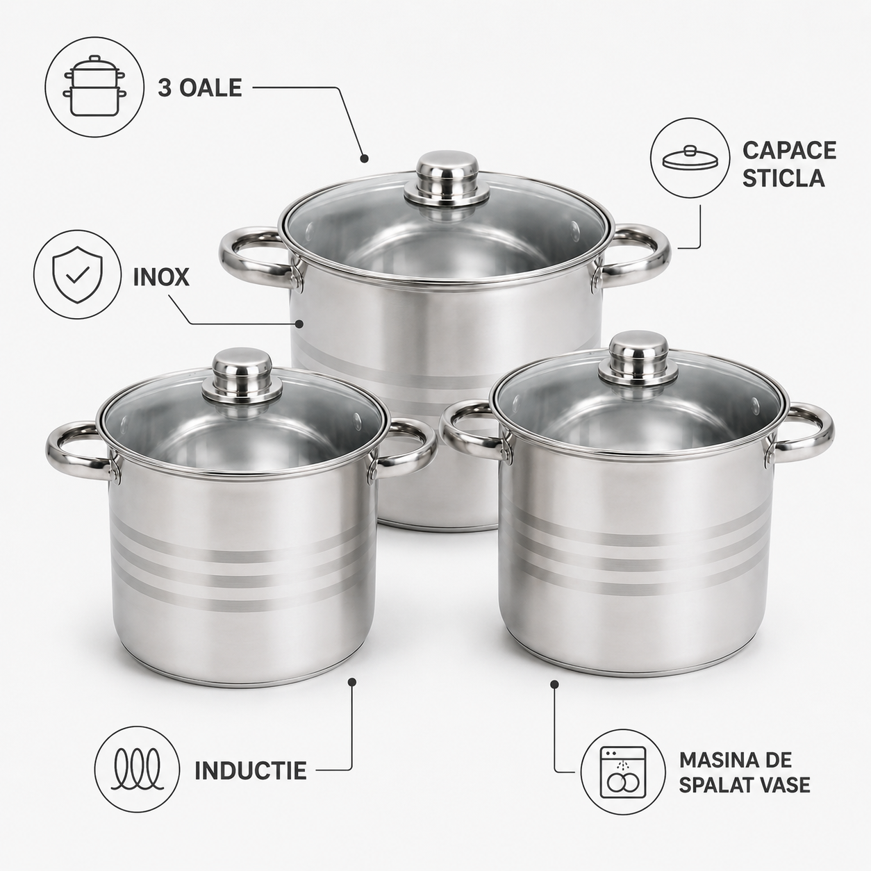 Set 3 oale inox cu capac, 11.1 litri, 13.5 litri, 16.2 litri -Royalty Line