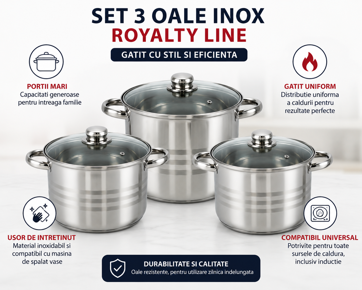 Set 3 oale inox cu capac, 11.1 litri, 13.5 litri, 16.2 litri -Royalty Line
