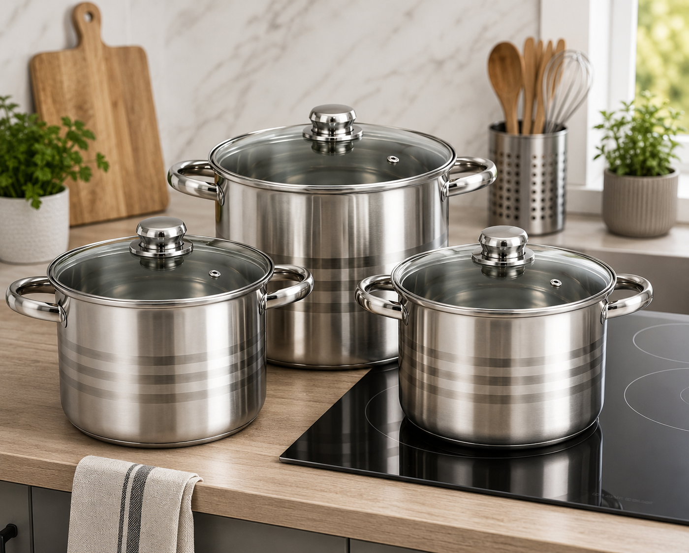Set 3 oale inox cu capac, 11.1 litri, 13.5 litri, 16.2 litri -Royalty Line