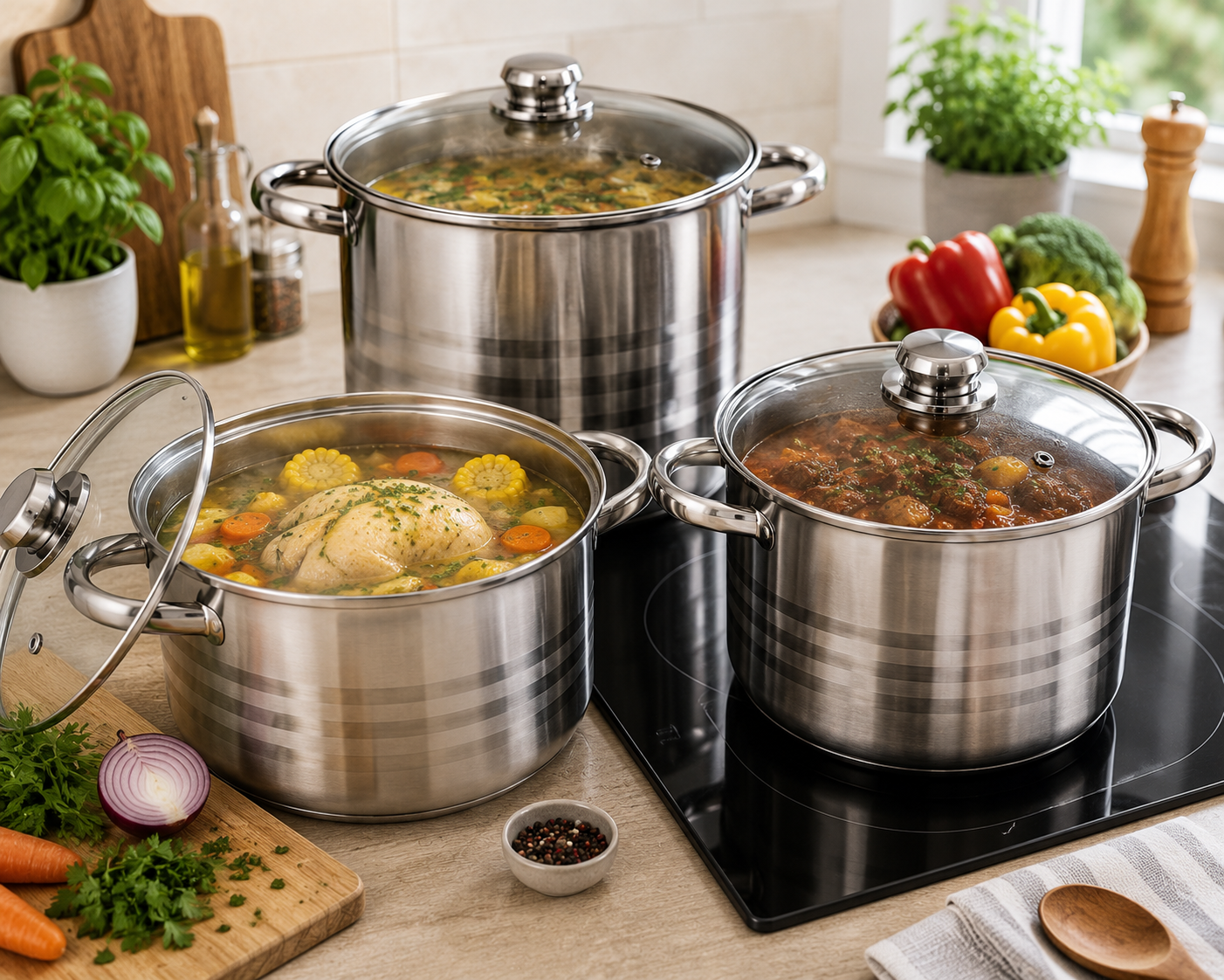 Set 3 oale inox cu capac, 11.1 litri, 13.5 litri, 16.2 litri -Royalty Line