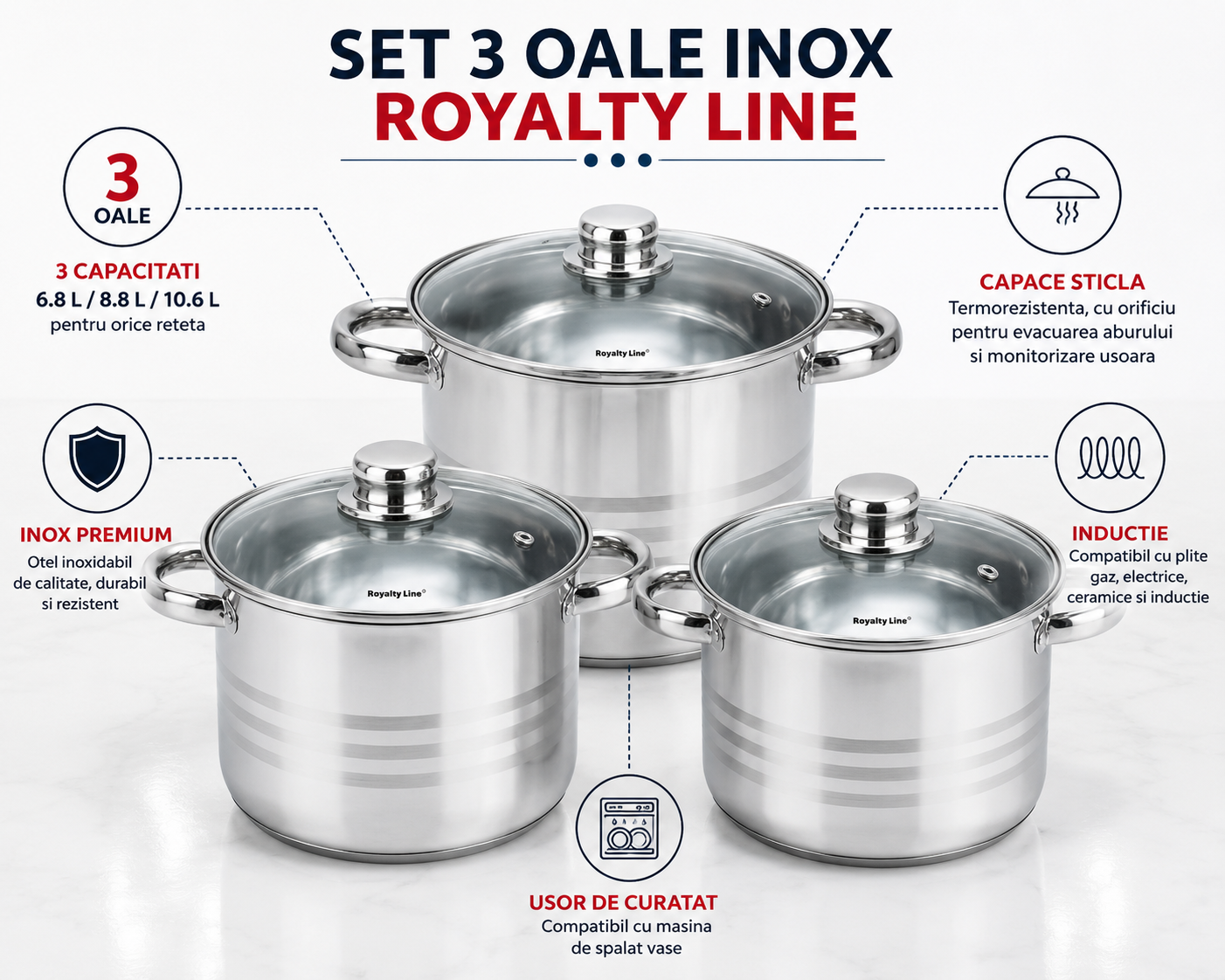 Set 3 oale inox cu capac, 8.8 litri, 10.6 litri, 6.8 litri- Royalty Line