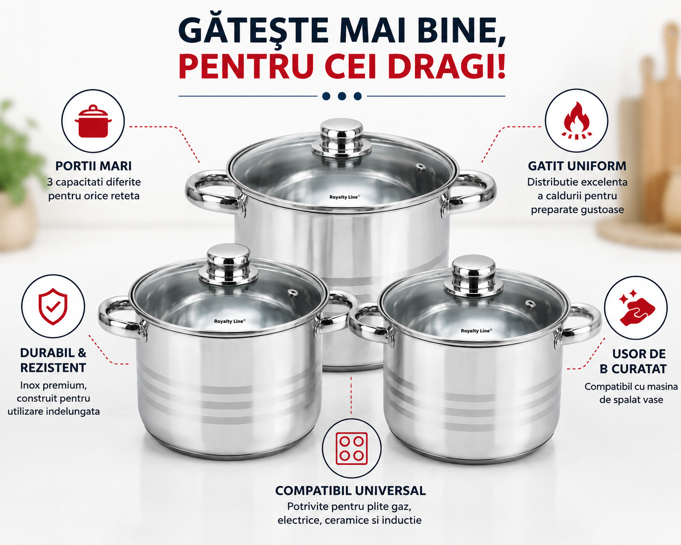 Set 3 oale inox cu capac, 8.8 litri, 10.6 litri, 6.8 litri- Royalty Line