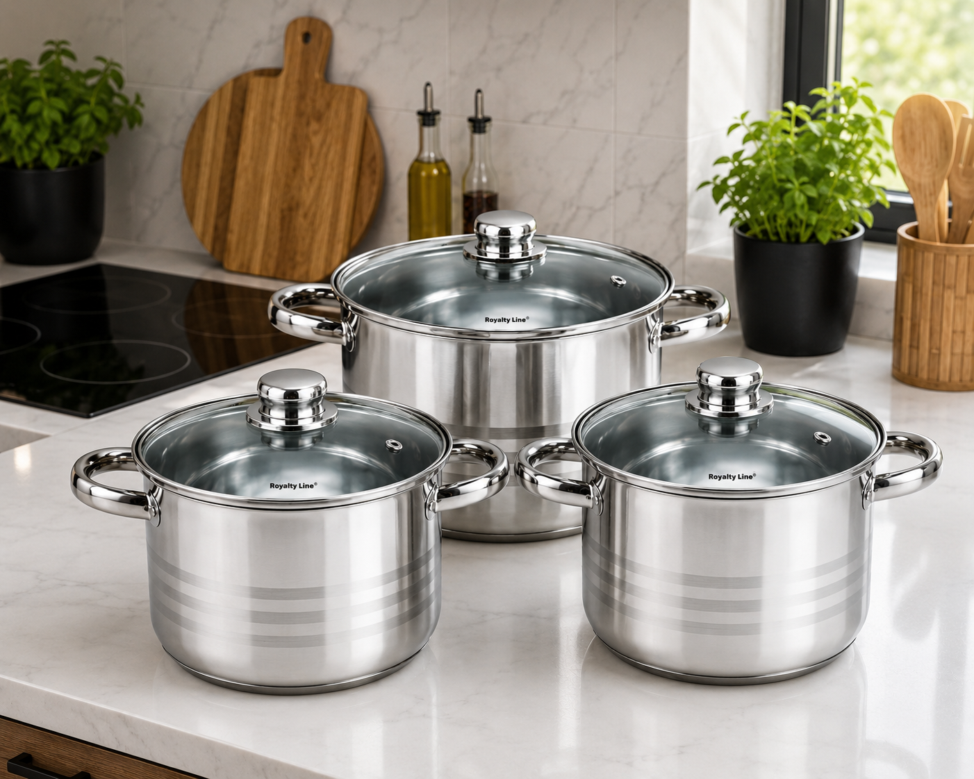Set 3 oale inox cu capac, 8.8 litri, 10.6 litri, 6.8 litri- Royalty Line