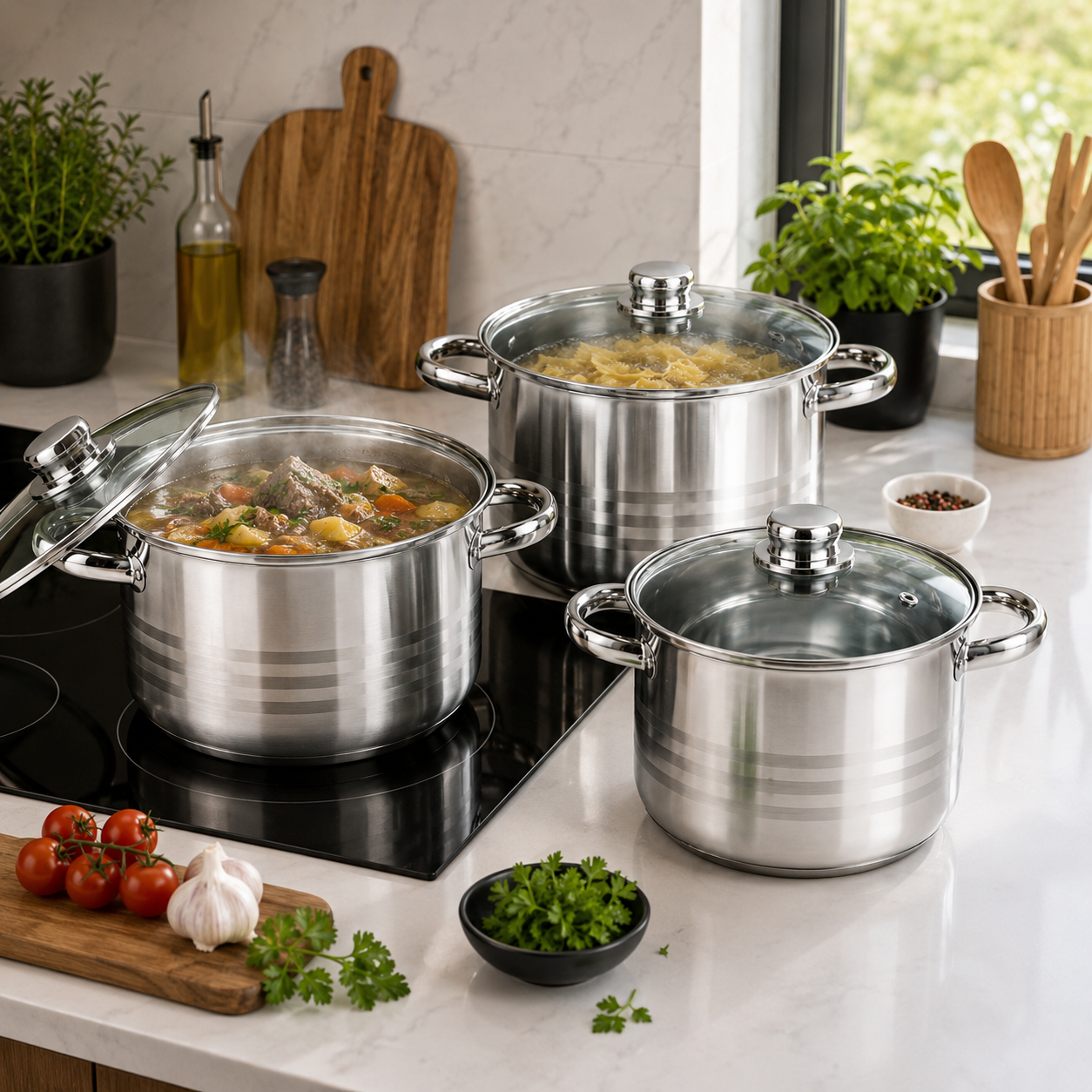 Set 3 oale inox cu capac, 8.8 litri, 10.6 litri, 6.8 litri- Royalty Line