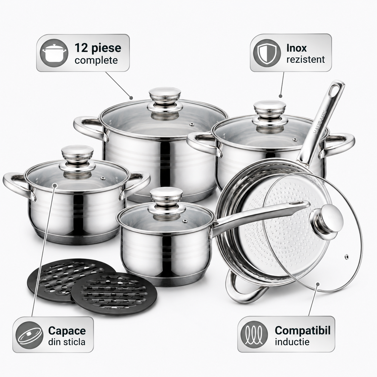 Set oale complect 12 piese din inox cu capac Haus Lux