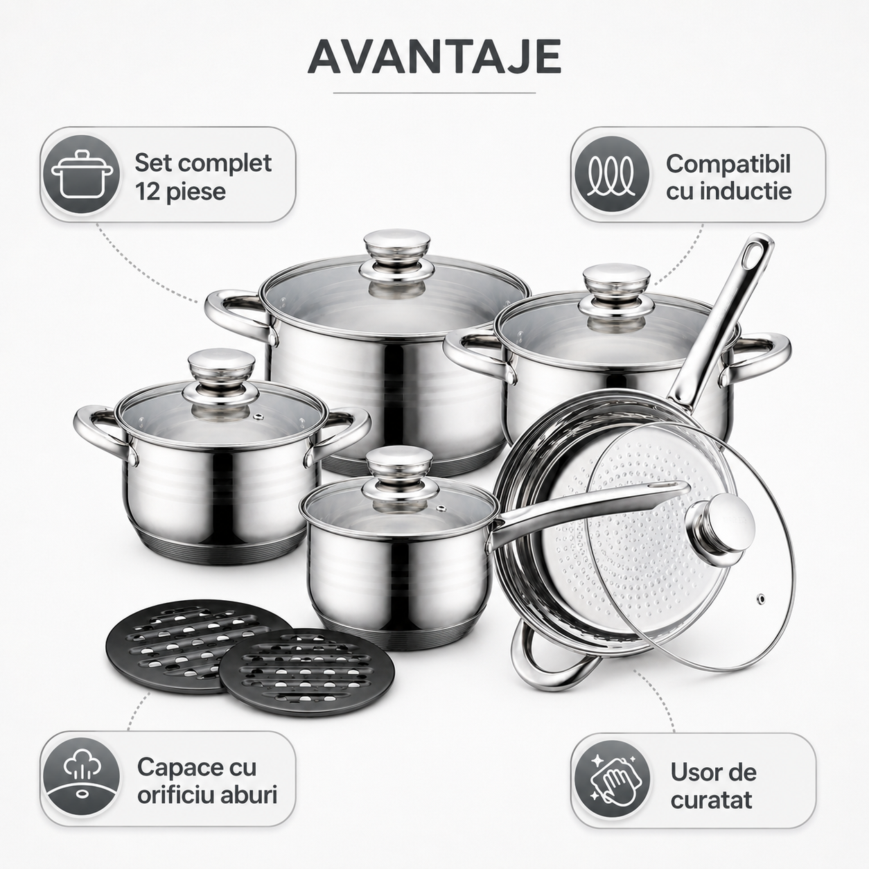 Set oale complect 12 piese din inox cu capac Haus Lux