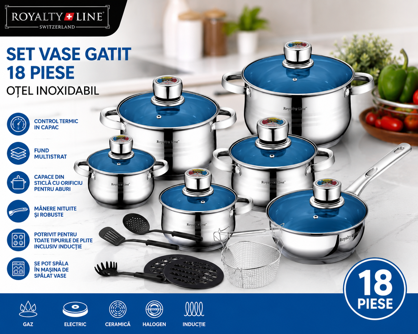 Set vase gatit 18 piese , otel inoxidabil, Royalty Line