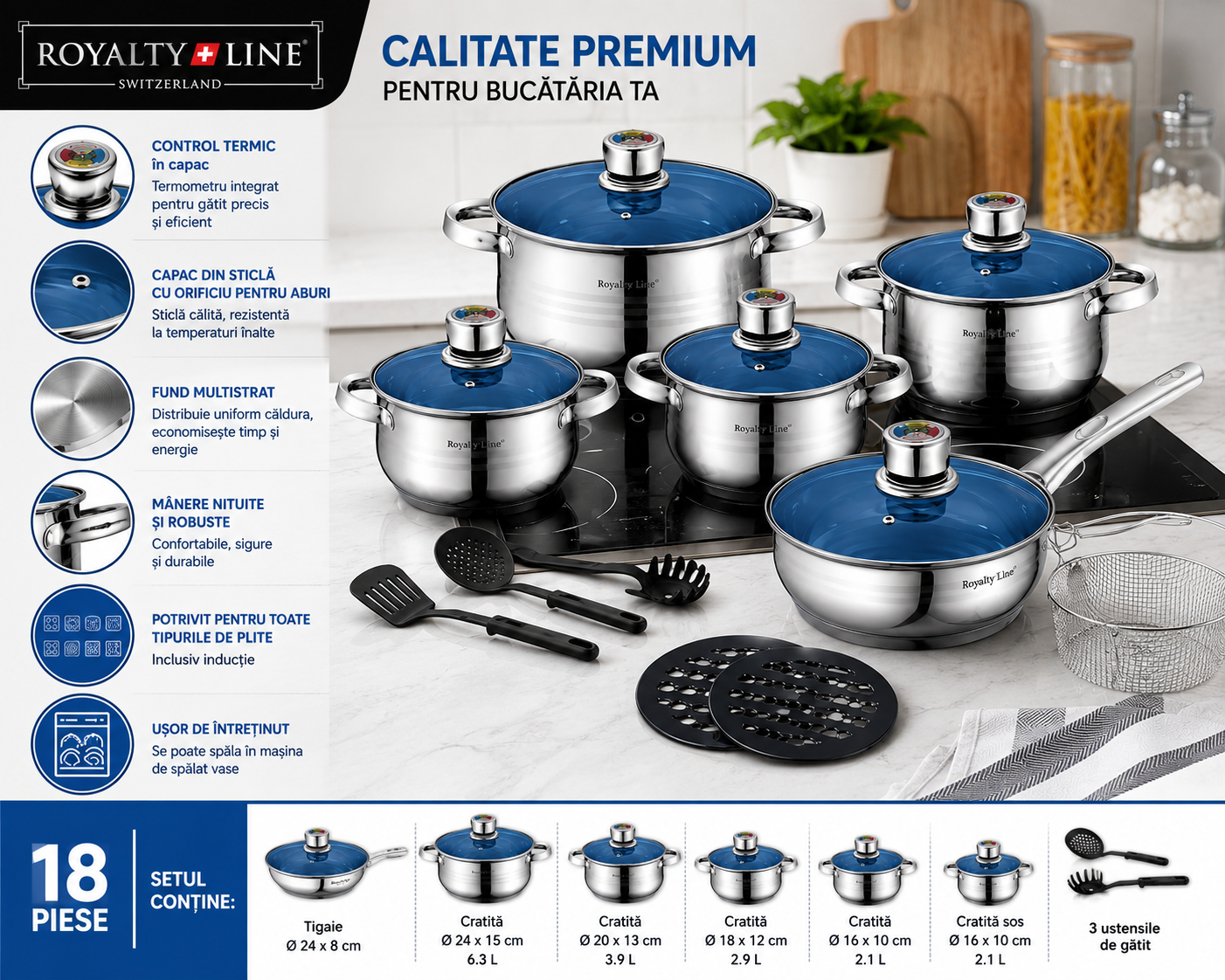 Set vase gatit 18 piese , otel inoxidabil, Royalty Line