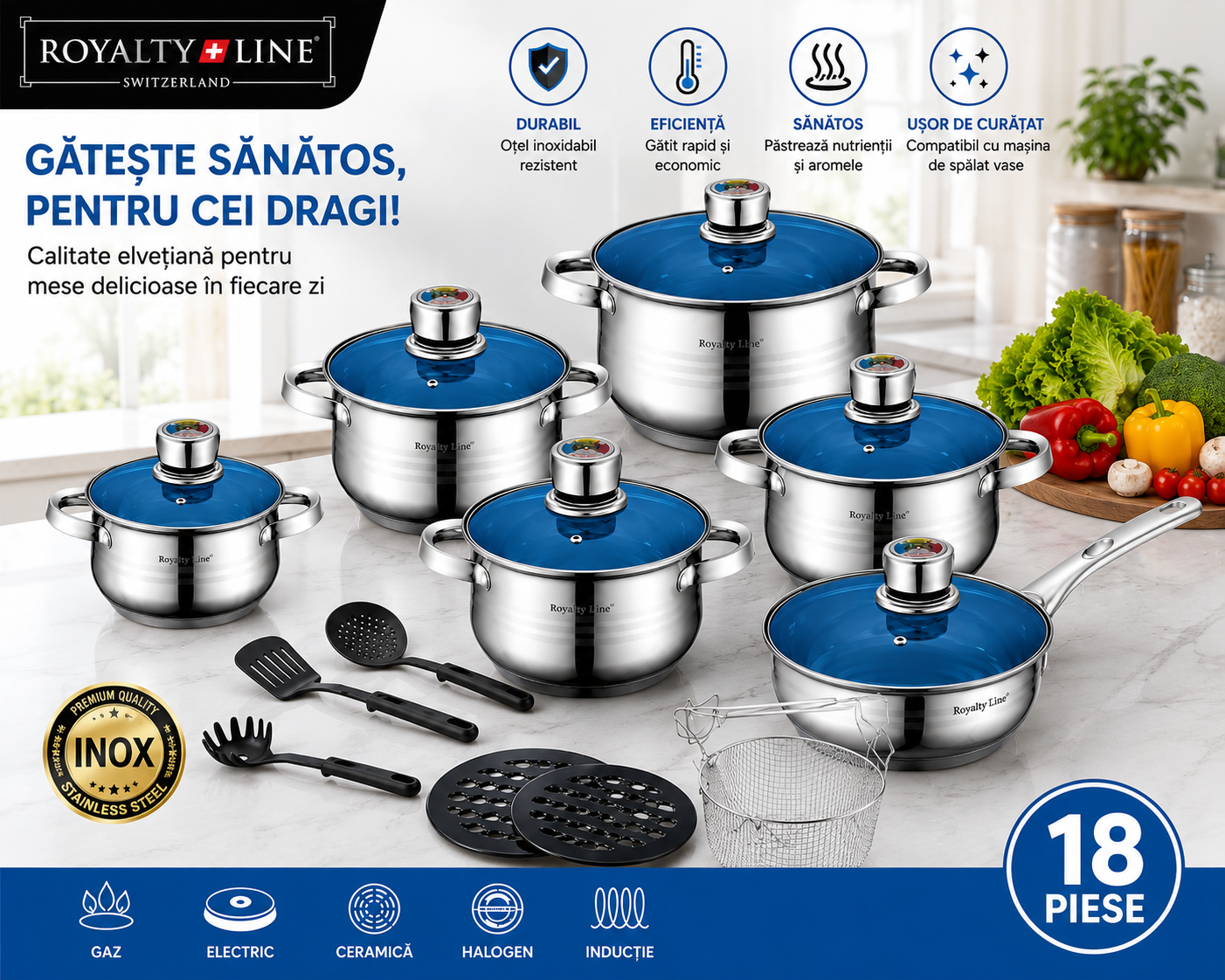 Set vase gatit 18 piese , otel inoxidabil, Royalty Line