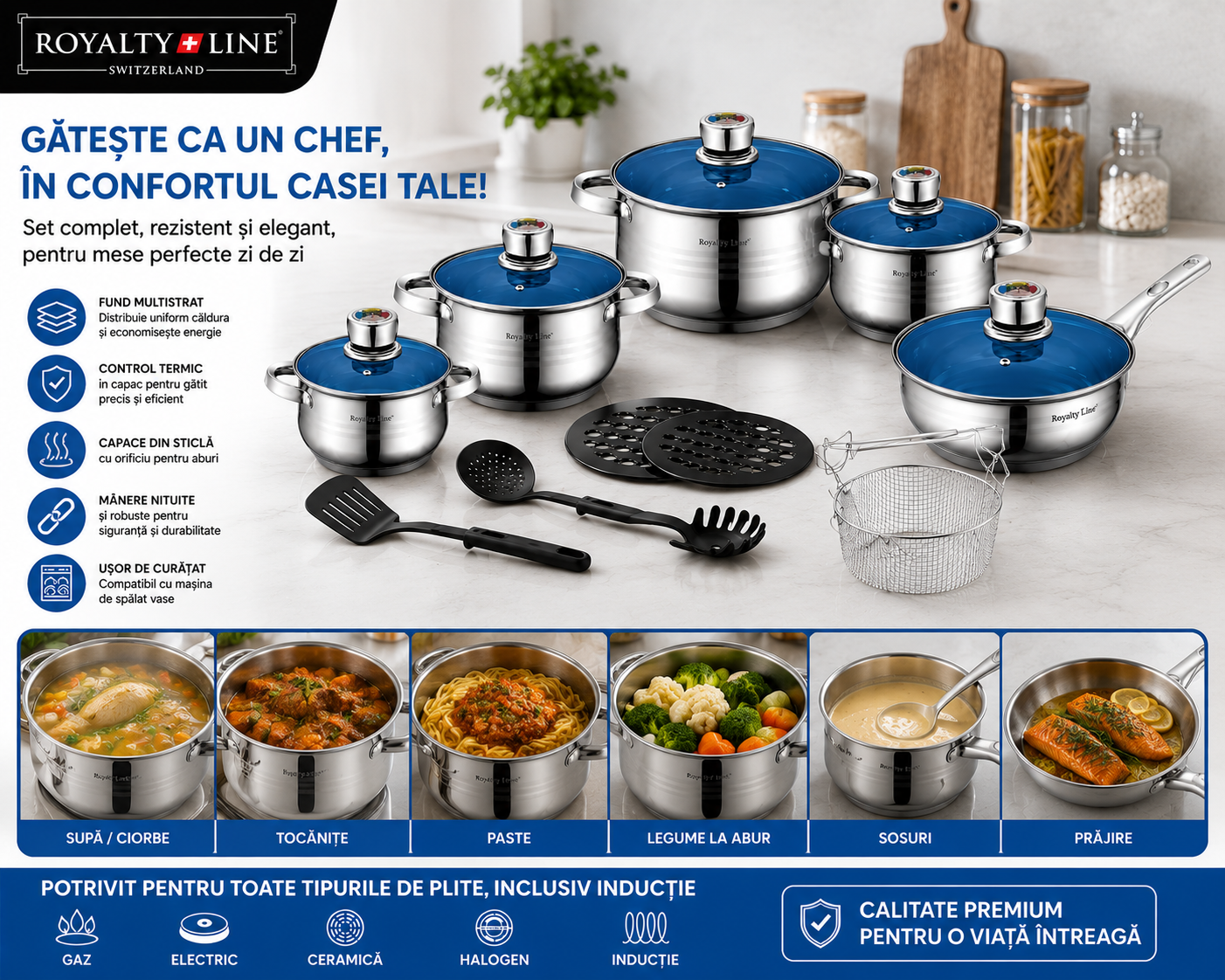 Set vase gatit 18 piese , otel inoxidabil, Royalty Line