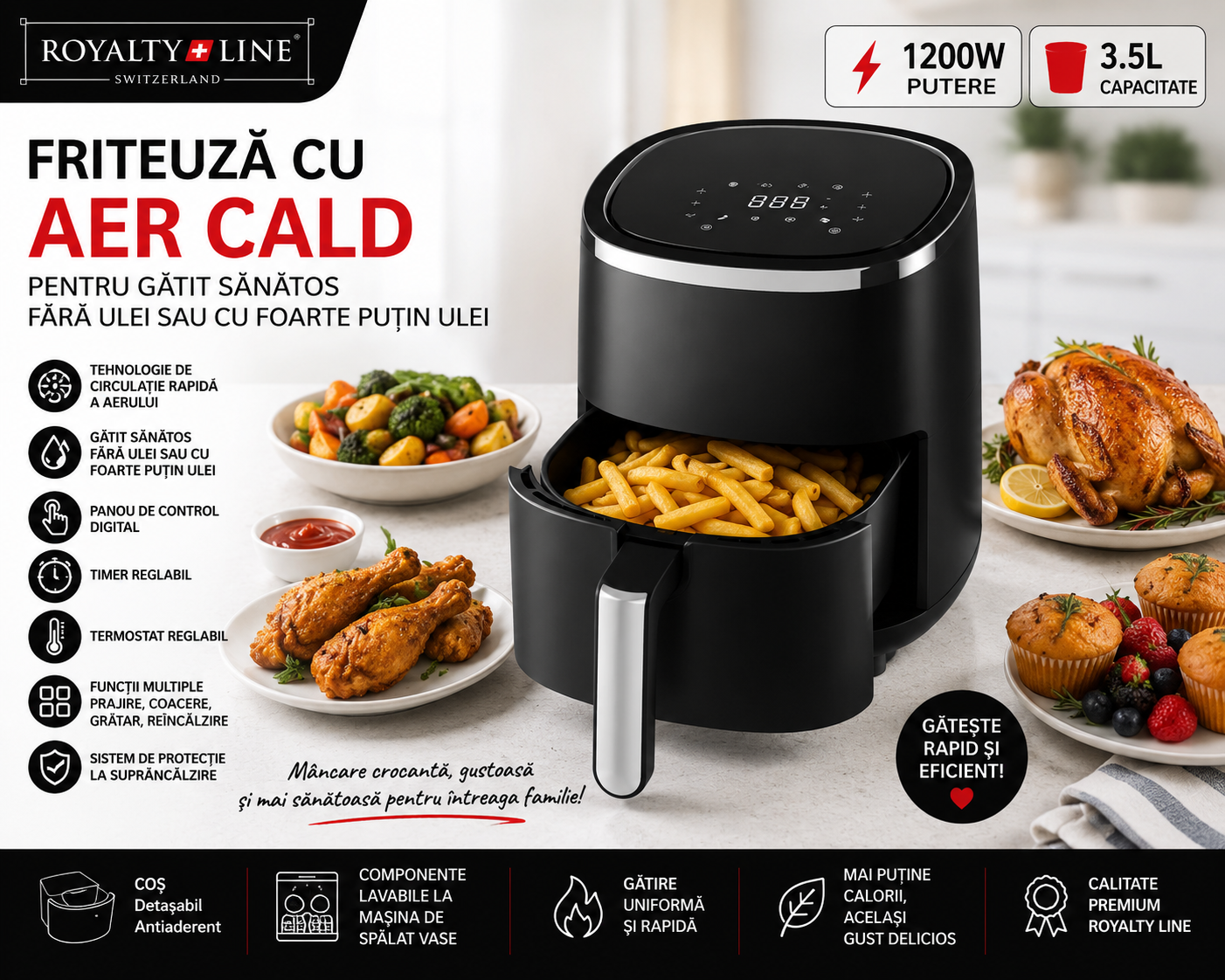 Friteuza cu aer cald Royalty Line  – 1200 W •3.5
