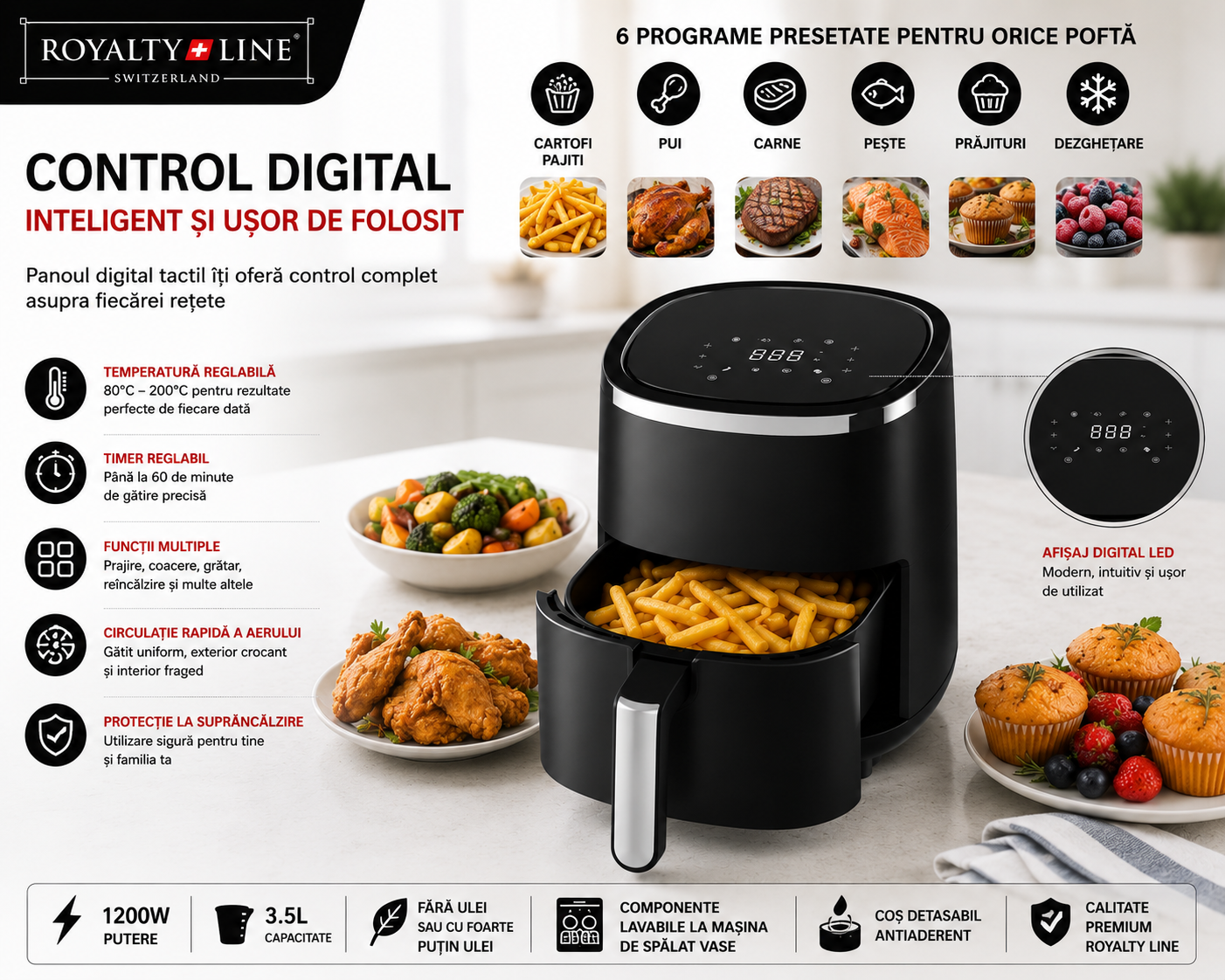 Friteuza cu aer cald Royalty Line  – 1200 W •3.5