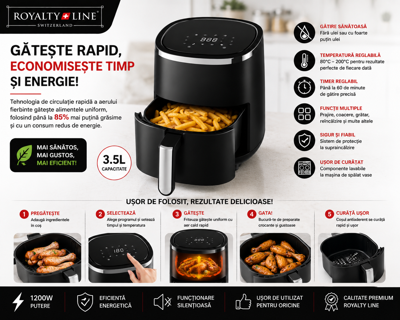 Friteuza cu aer cald Royalty Line  – 1200 W •3.5