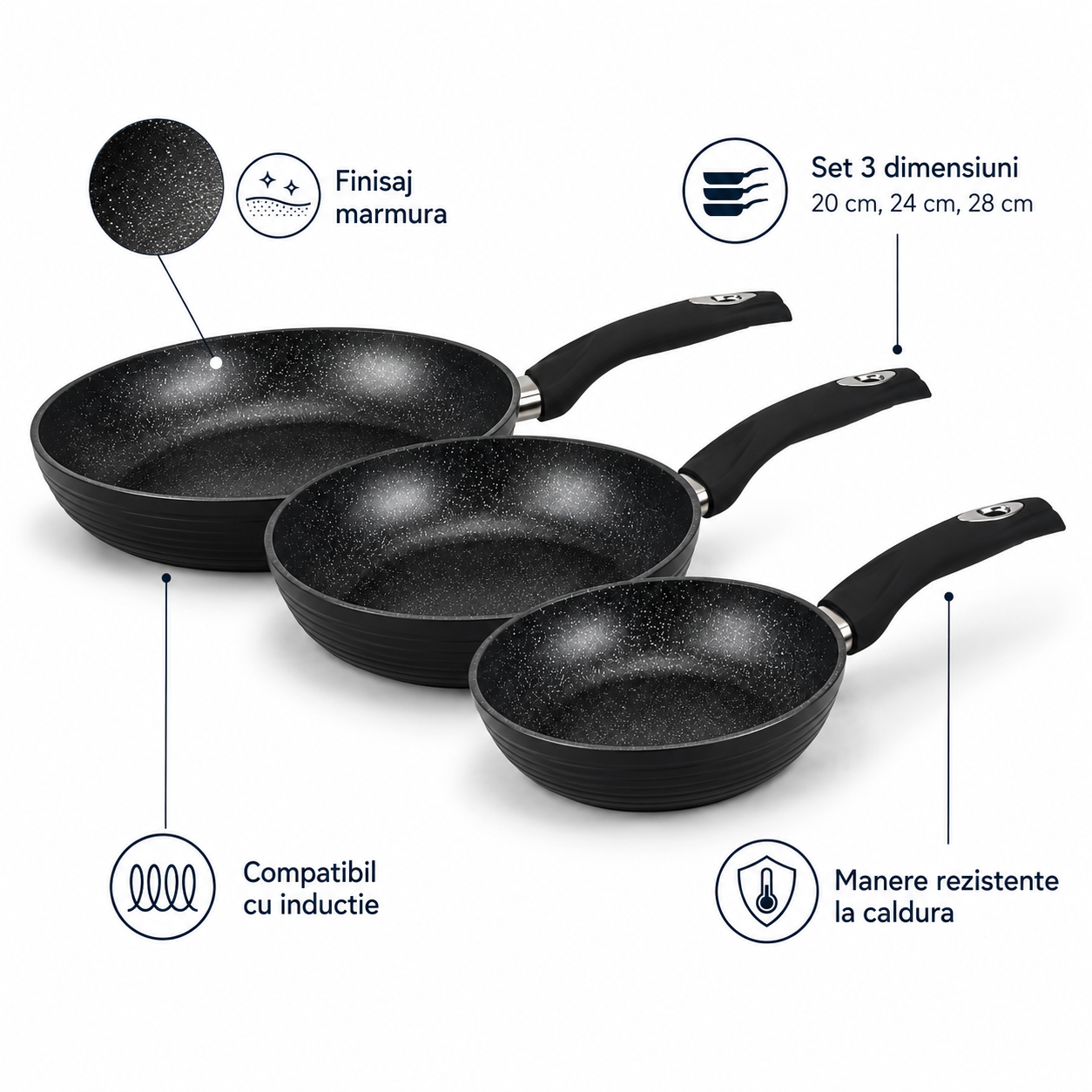 Set 3 tigai Royalty Line, 20/24/28 cm, Finisaj marmura  Negru