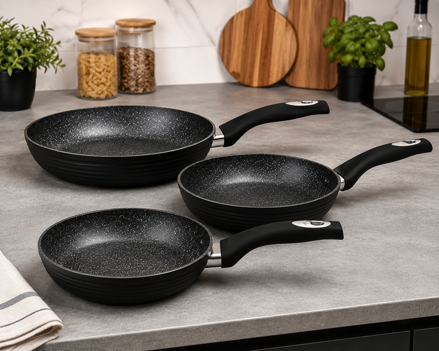 Set 3 tigai Royalty Line, 20/24/28 cm, Finisaj marmura  Negru