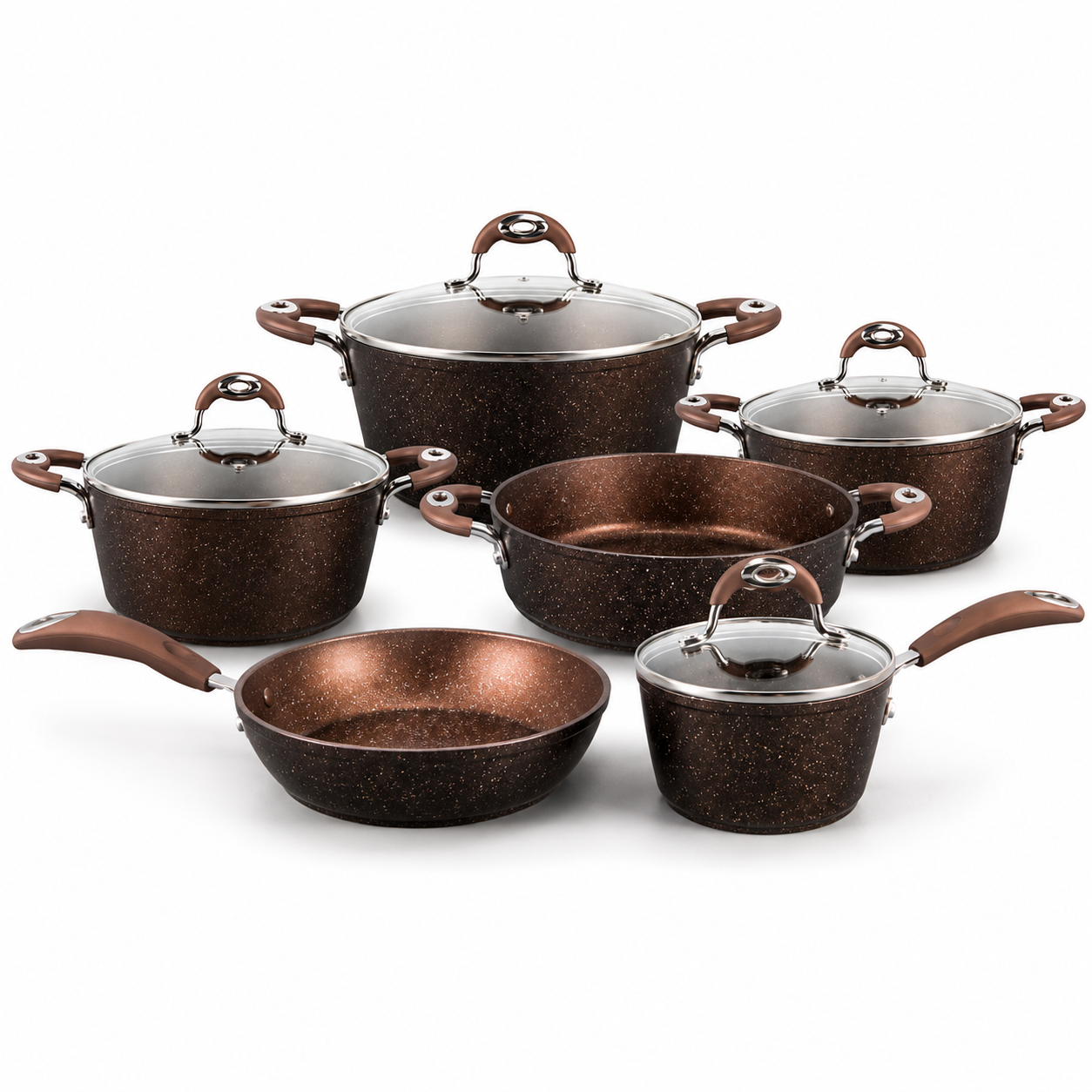 Set de vase de gatit Royalty Line 10 piese, cu capace din sticla si invelis din marmura