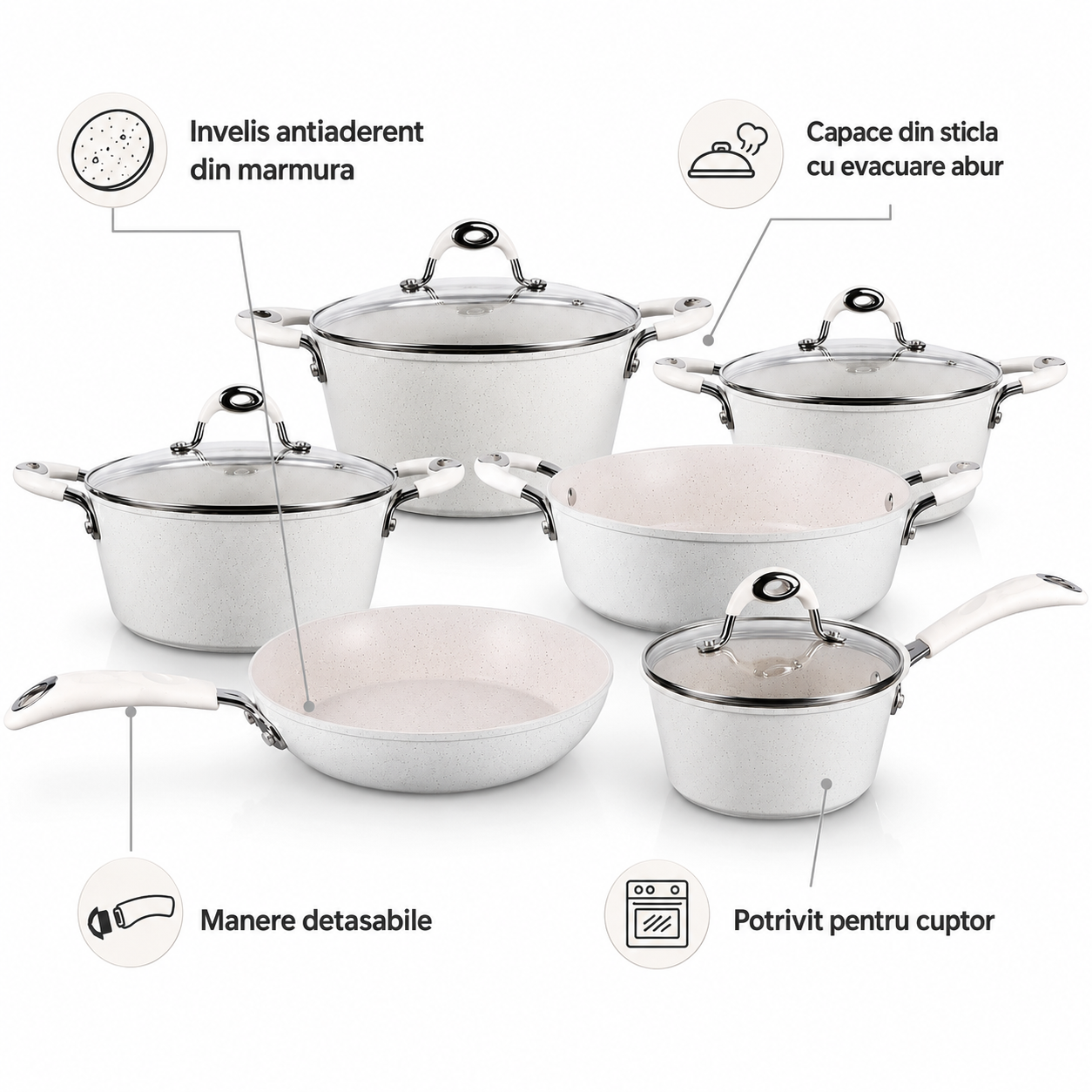 Set de Vase de Gatit Royalty Line 10 Piese, cu Capace din Sticla si Invelis din Marmura