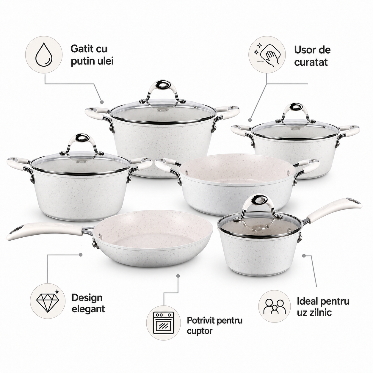 Set de Vase de Gatit Royalty Line 10 Piese, cu Capace din Sticla si Invelis din Marmura