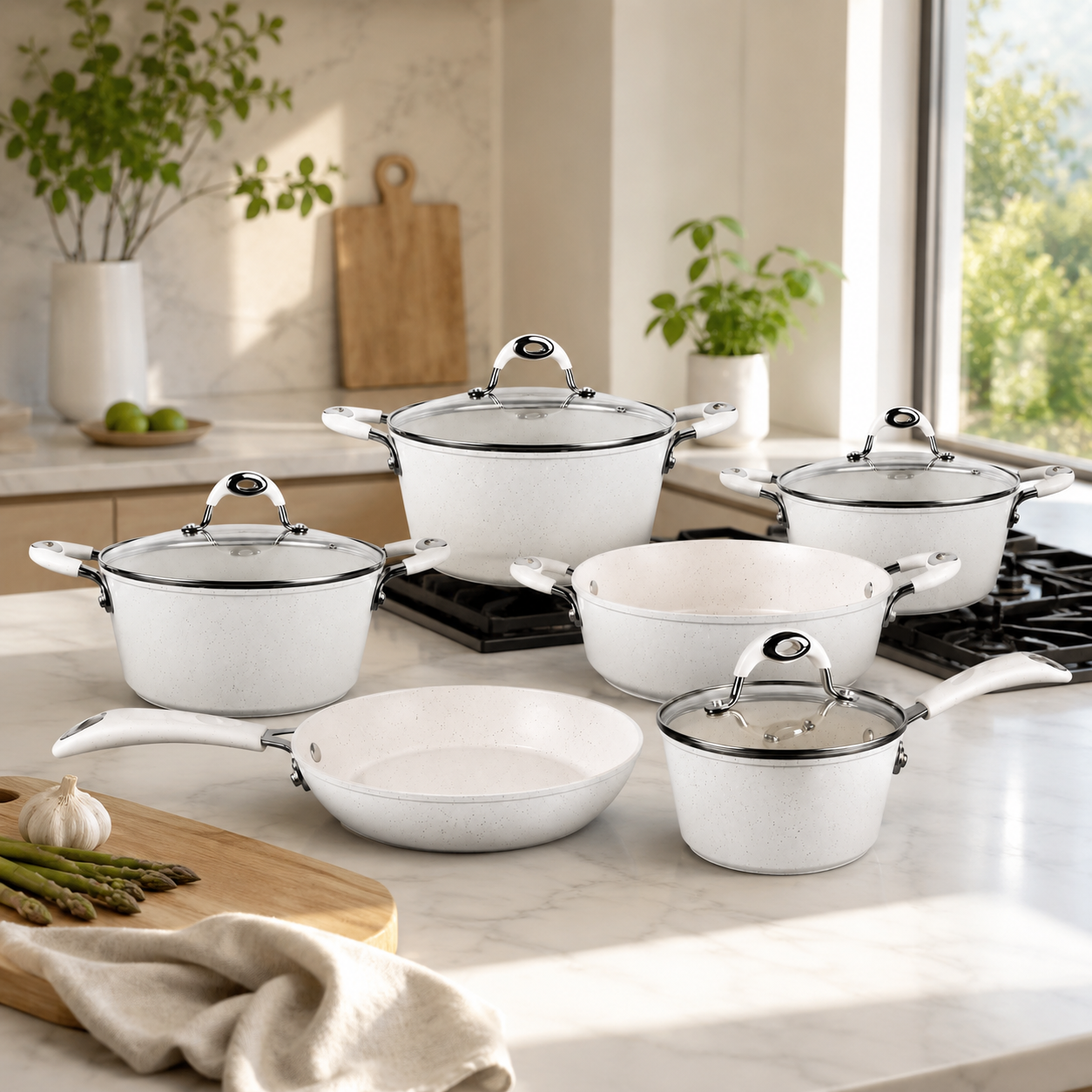 Set de Vase de Gatit Royalty Line 10 Piese, cu Capace din Sticla si Invelis din Marmura