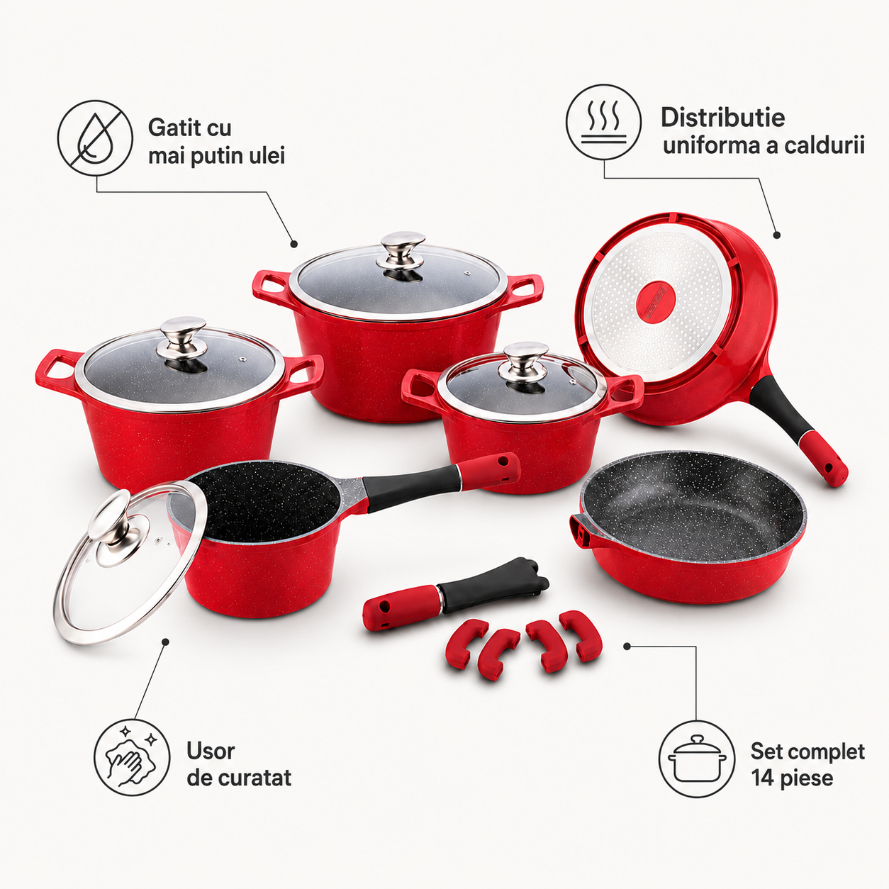 Set Cratite Marmorate, 14 piese, Invelis marmura, Royalty Line rosu