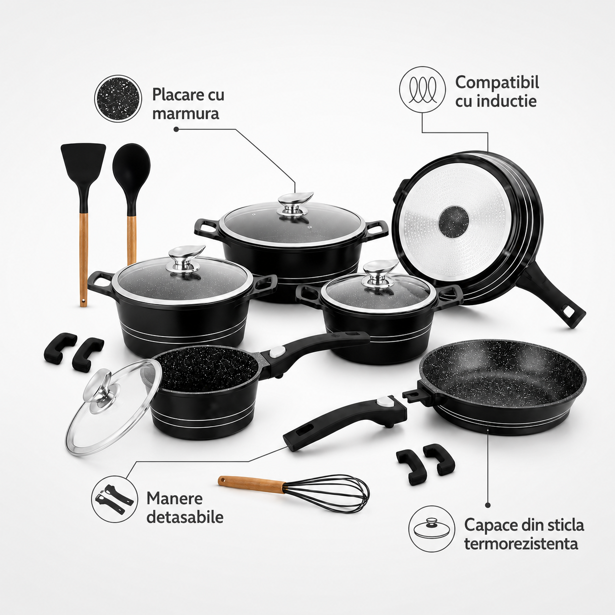 Mixer planetar Royalty Line Negru, 17 piese, Placare cu marmura, Inductie, Negru