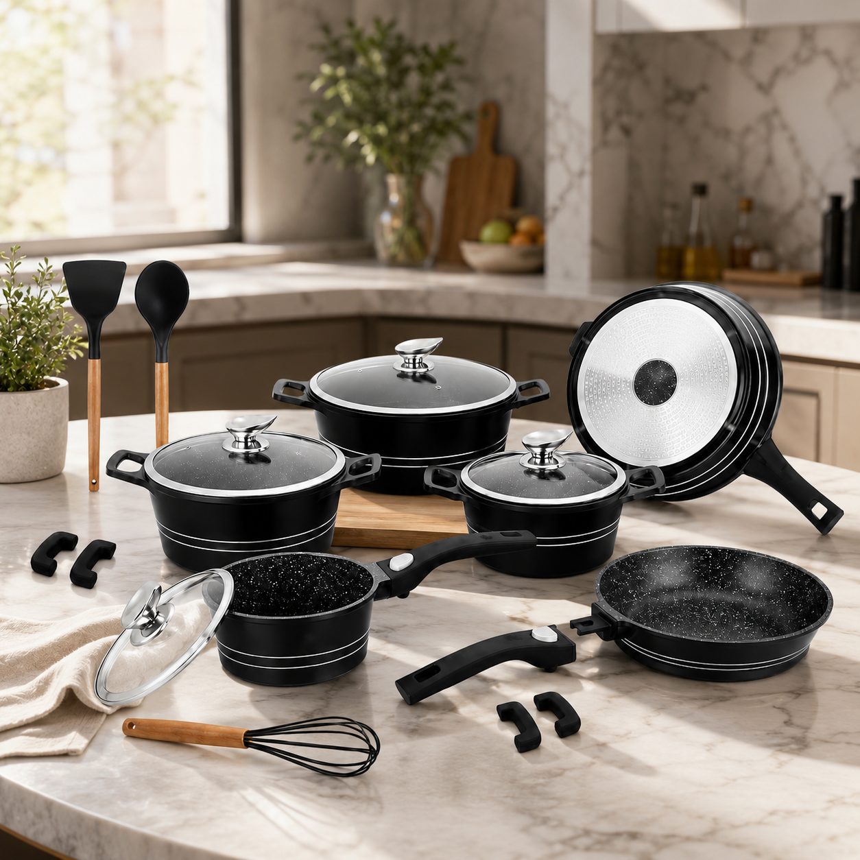 Mixer planetar Royalty Line Negru, 17 piese, Placare cu marmura, Inductie, Negru
