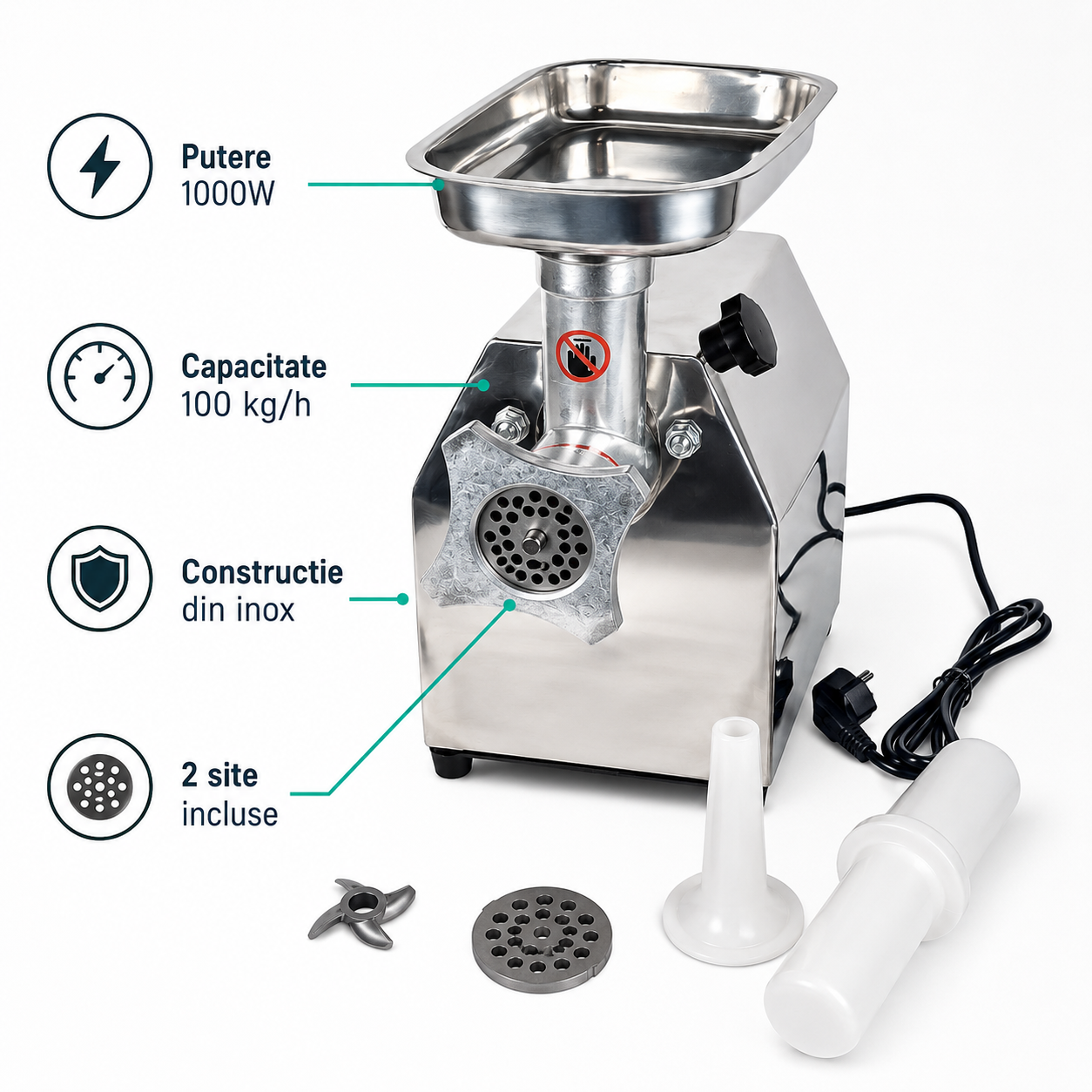 Masina de tocat carne electrica din inox Craft Tec ,1000W,100 Kg/h,11.5 Kg