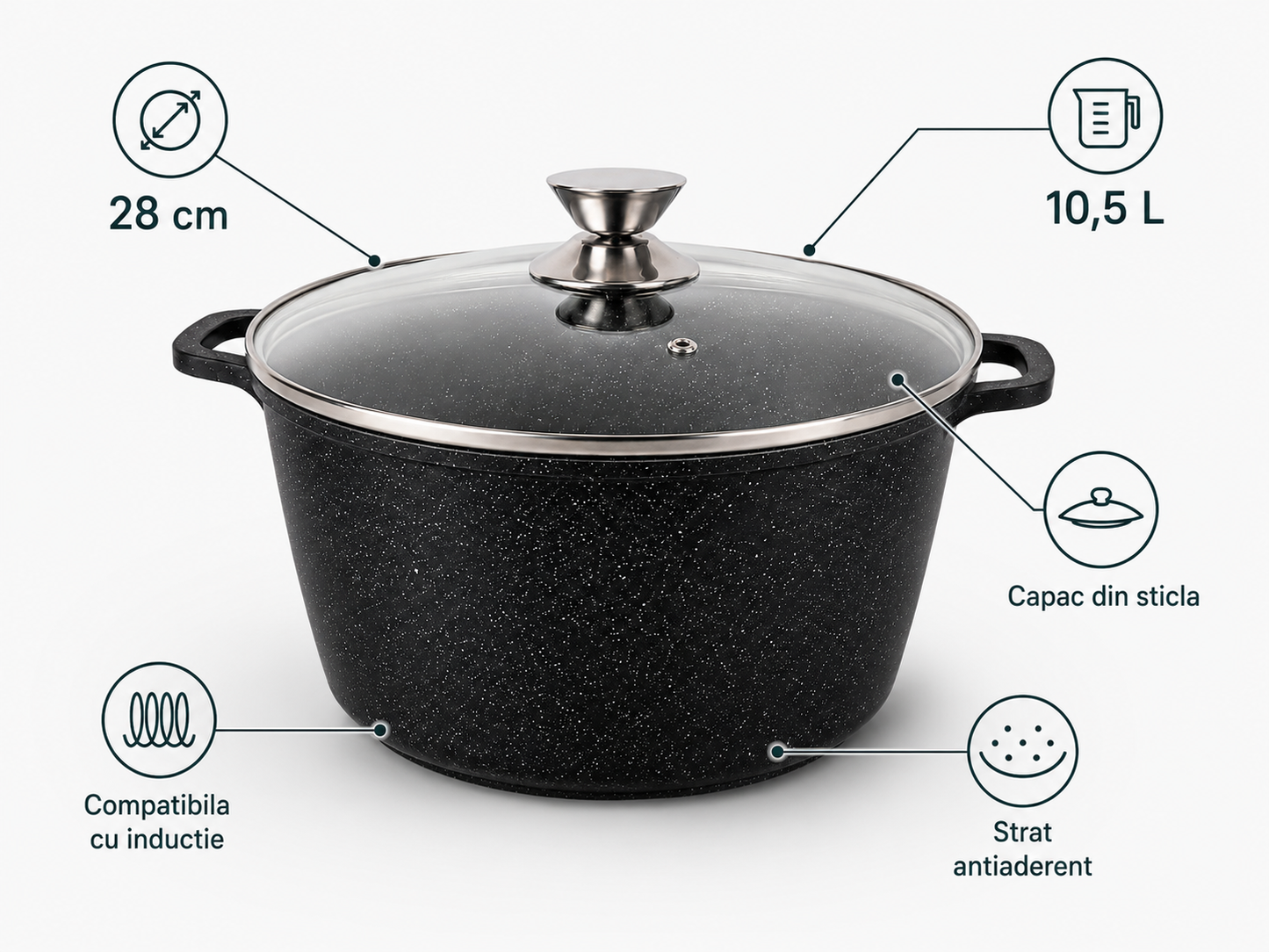Oala Marmorata 28 cm, 10.5L, cu Capac Sticla Termorezistenta