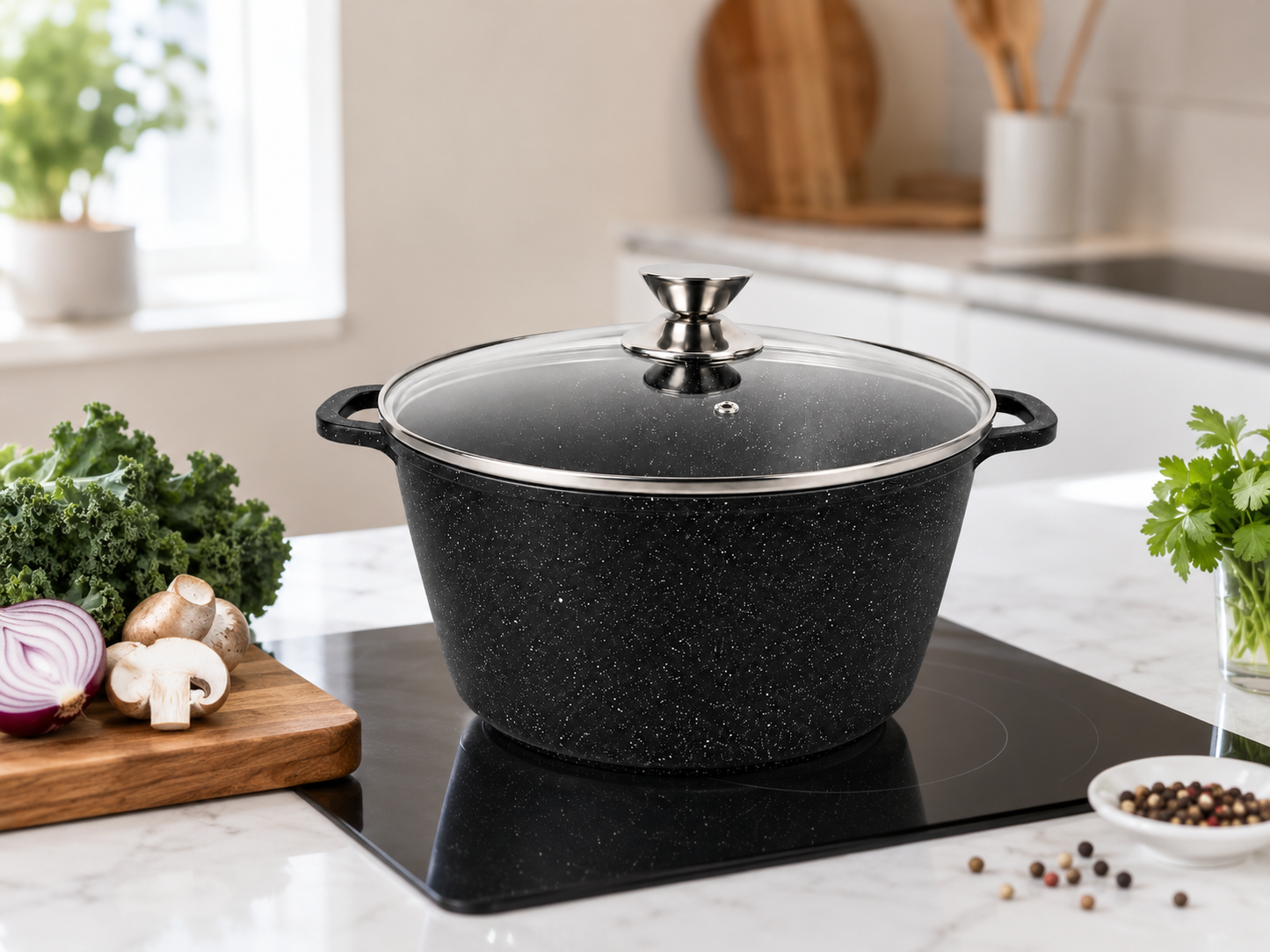 Oala Marmorata 28 cm, 10.5L, cu Capac Sticla Termorezistenta