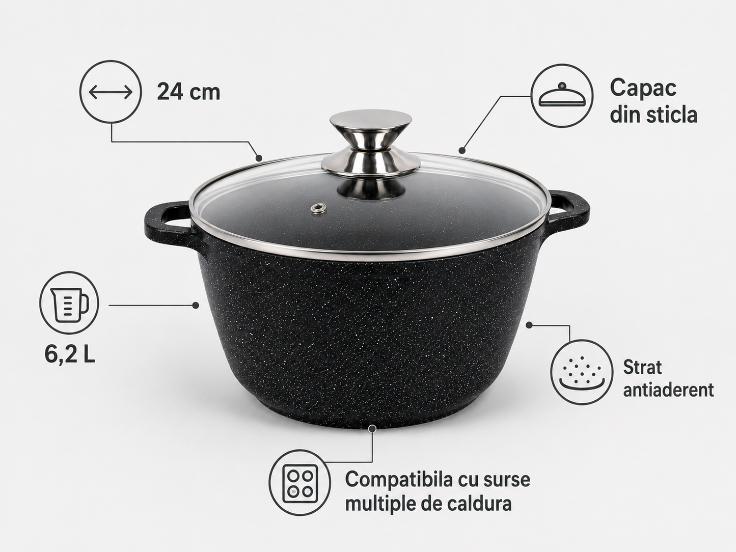 Oala Marmorata 24 cm, 6.2L, cu Capac Sticla Termorezistenta