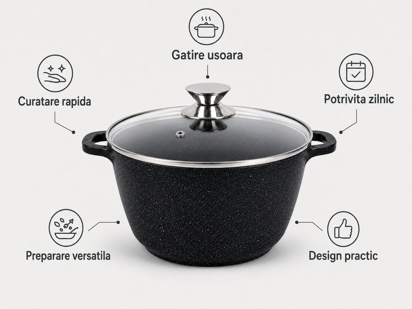 Oala Marmorata 24 cm, 6.2L, cu Capac Sticla Termorezistenta