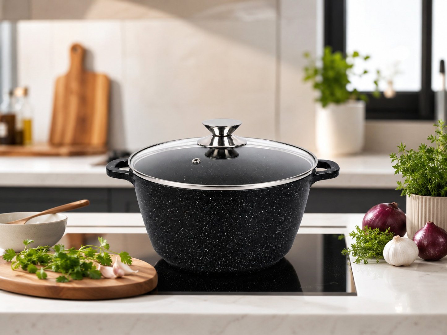 Oala Marmorata 24 cm, 6.2L, cu Capac Sticla Termorezistenta