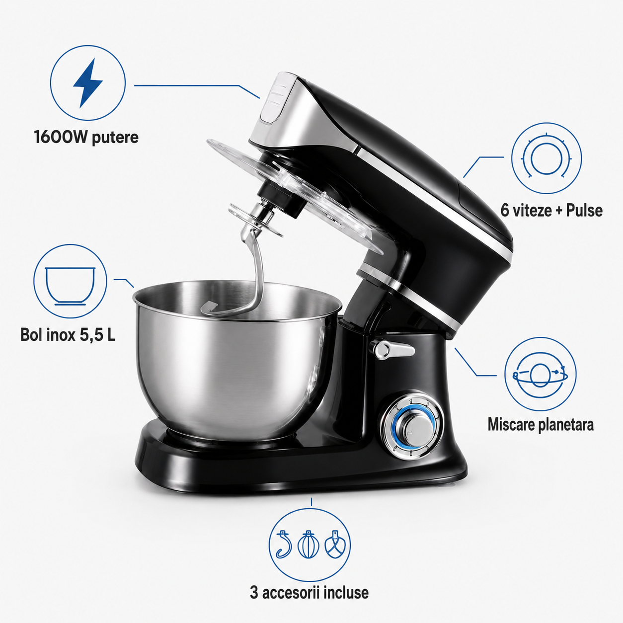 Mixer electric cu bol 5.5 litri din otel inoxidabil 1600W