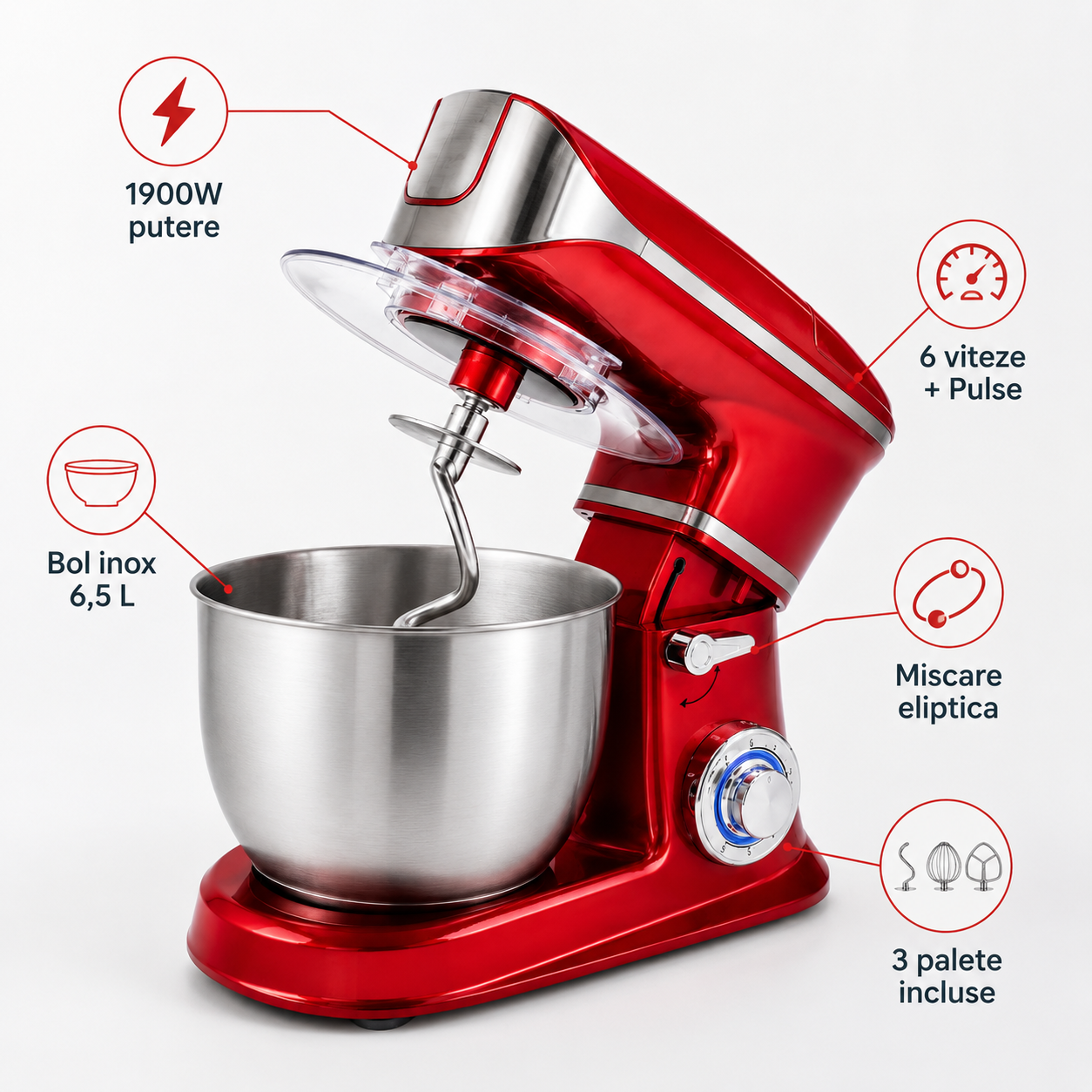 Robot bucatarie Royalty Line rosu  1900 W, 6.5 l, 6 viteze, bol inox, 3 palete incluse