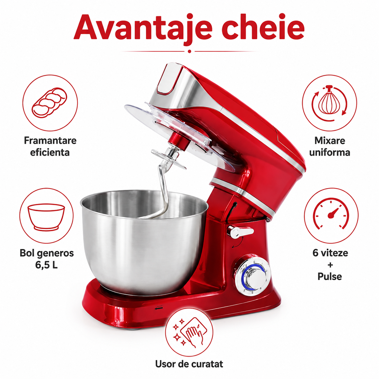 Robot bucatarie Royalty Line rosu  1900 W, 6.5 l, 6 viteze, bol inox, 3 palete incluse